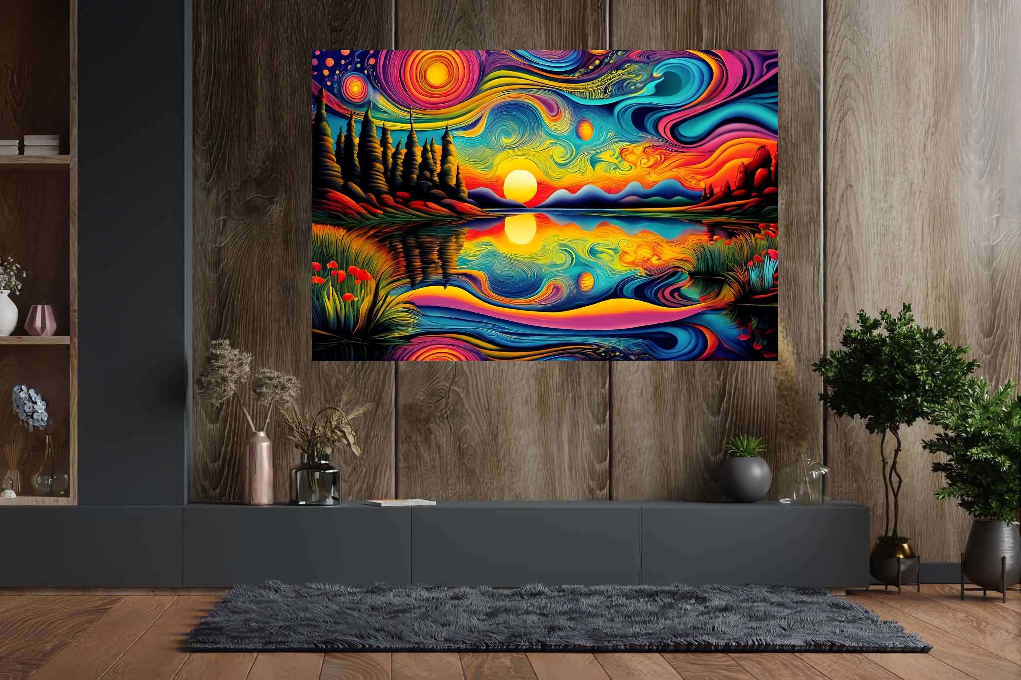 Crimson ballet at dusk: Sunset art with vibrant colors, in a room with elegant layout, mural artworks, and decorative pieces. The art can be printed on poster, framed poster, canvas, metal, acrylic or wood, exclusively at WallArtZen. Find this exact print at https://wallartzen.com/waz18