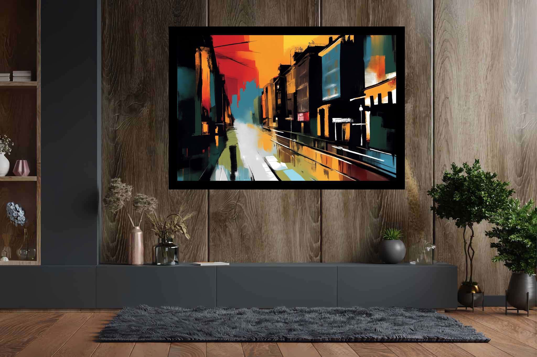 Amber drizzle sonata: Vibrant cityscape art with vibrant cityscape canvas, in a room with innovative layout, digital art pieces, and interior decorations. The art can be printed on poster, framed poster, canvas, metal, acrylic or wood, exclusively at WallArtZen. Find this exact print at https://wallartzen.com/waz190