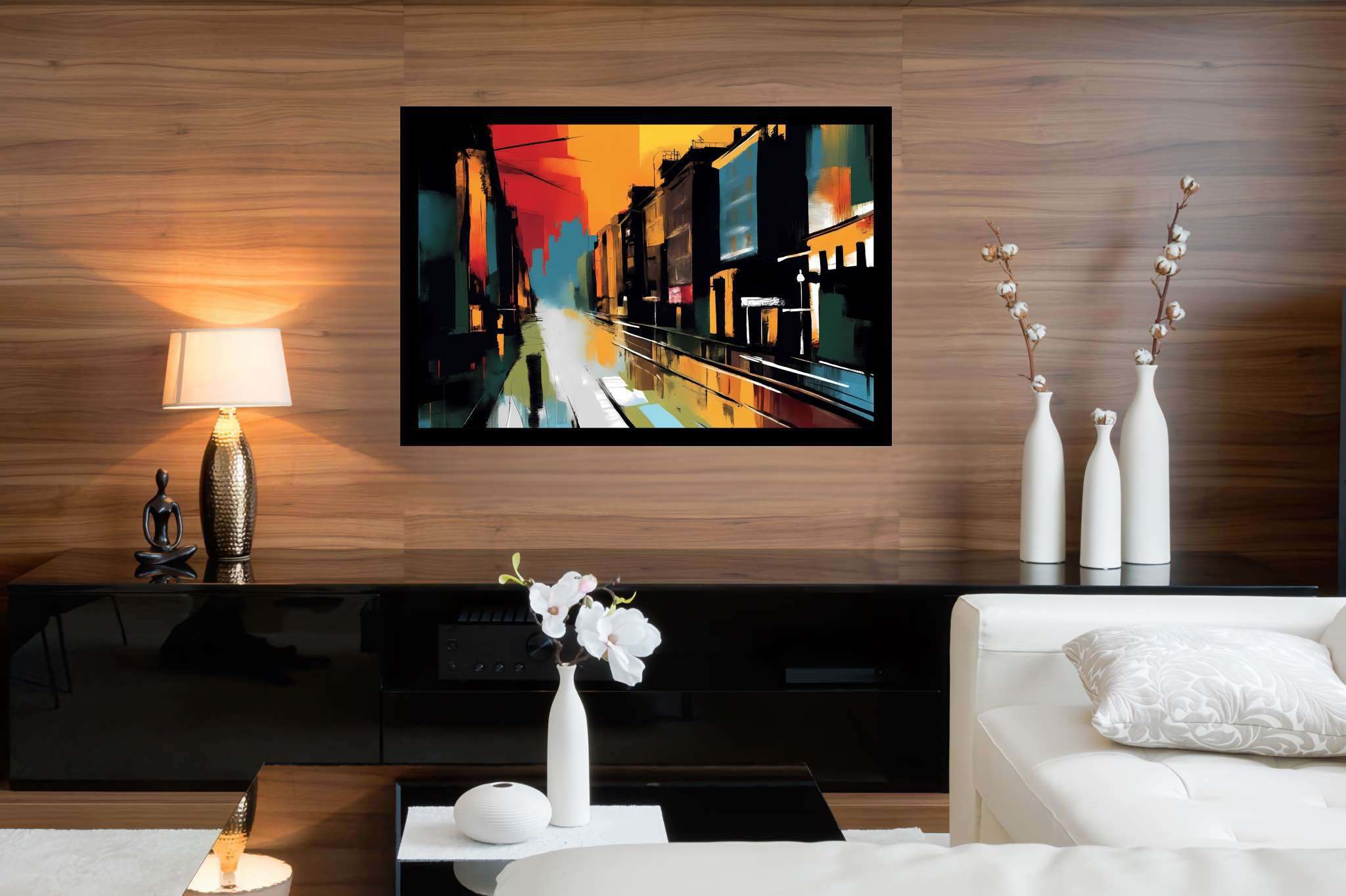 Amber drizzle sonata: Vibrant cityscape art with colorful skyline paintings, in a room with classic elegance, mural artworks, and stylish accessories. The art can be printed on poster, framed poster, canvas, metal, acrylic or wood, exclusively at WallArtZen. Find this exact print at https://wallartzen.com/waz190