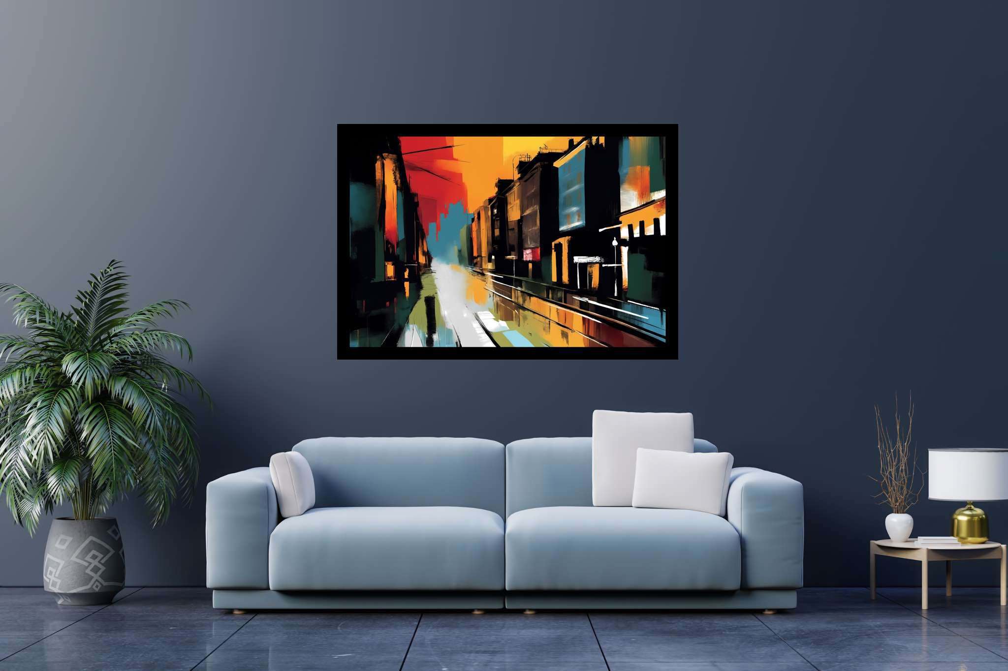 Amber drizzle sonata: Vibrant cityscape art with urban skyline art, in a room with urban design, framed art, and stylish accessories. The art can be printed on poster, framed poster, canvas, metal, acrylic or wood, exclusively at WallArtZen. Find this exact print at https://wallartzen.com/waz190