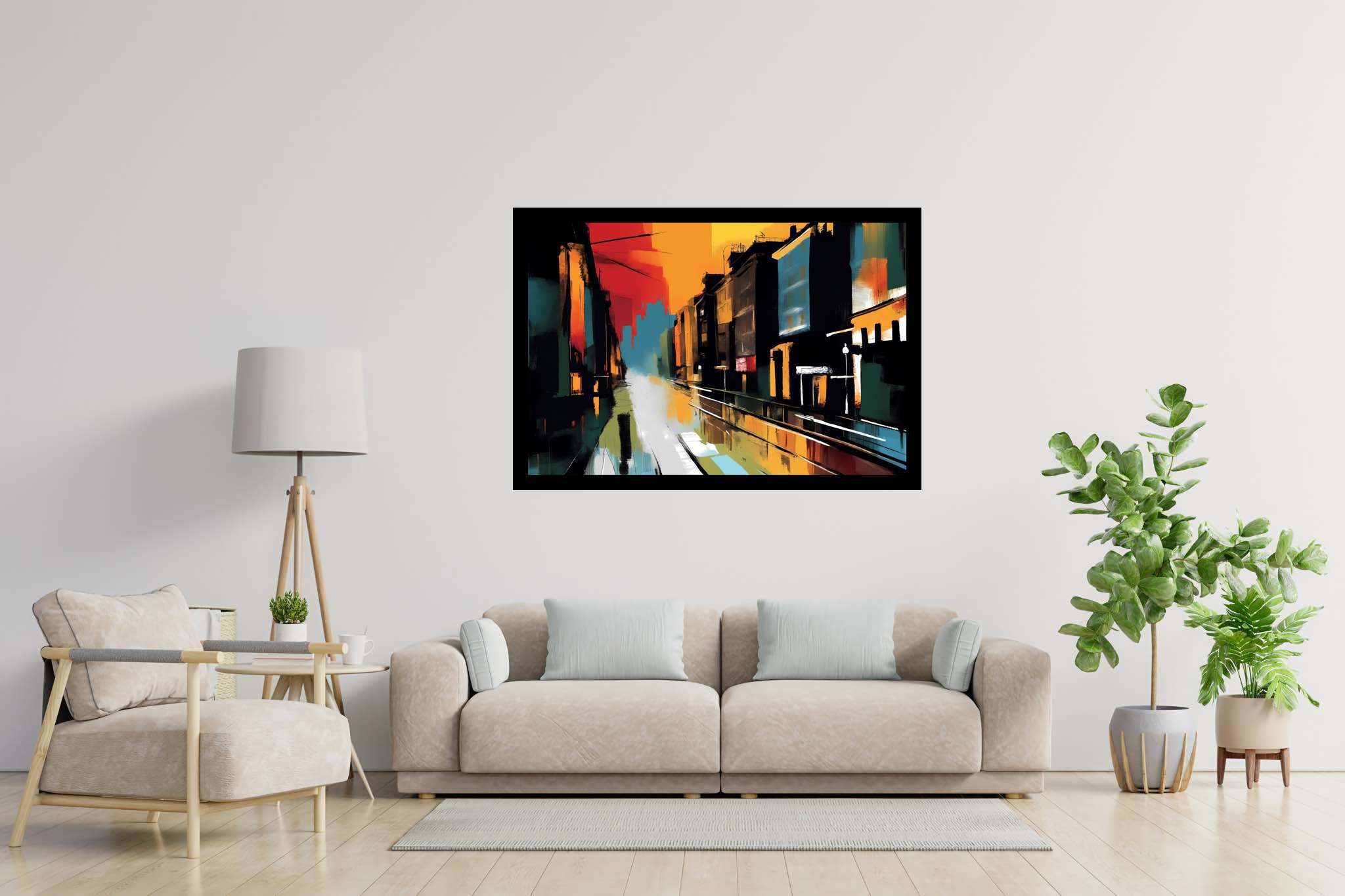 Amber drizzle sonata: Vibrant cityscape art with cityscape wall art, in a room with modern style, framed art, and designer furniture. The art can be printed on poster, framed poster, canvas, metal, acrylic or wood, exclusively at WallArtZen. Find this exact print at https://wallartzen.com/waz190