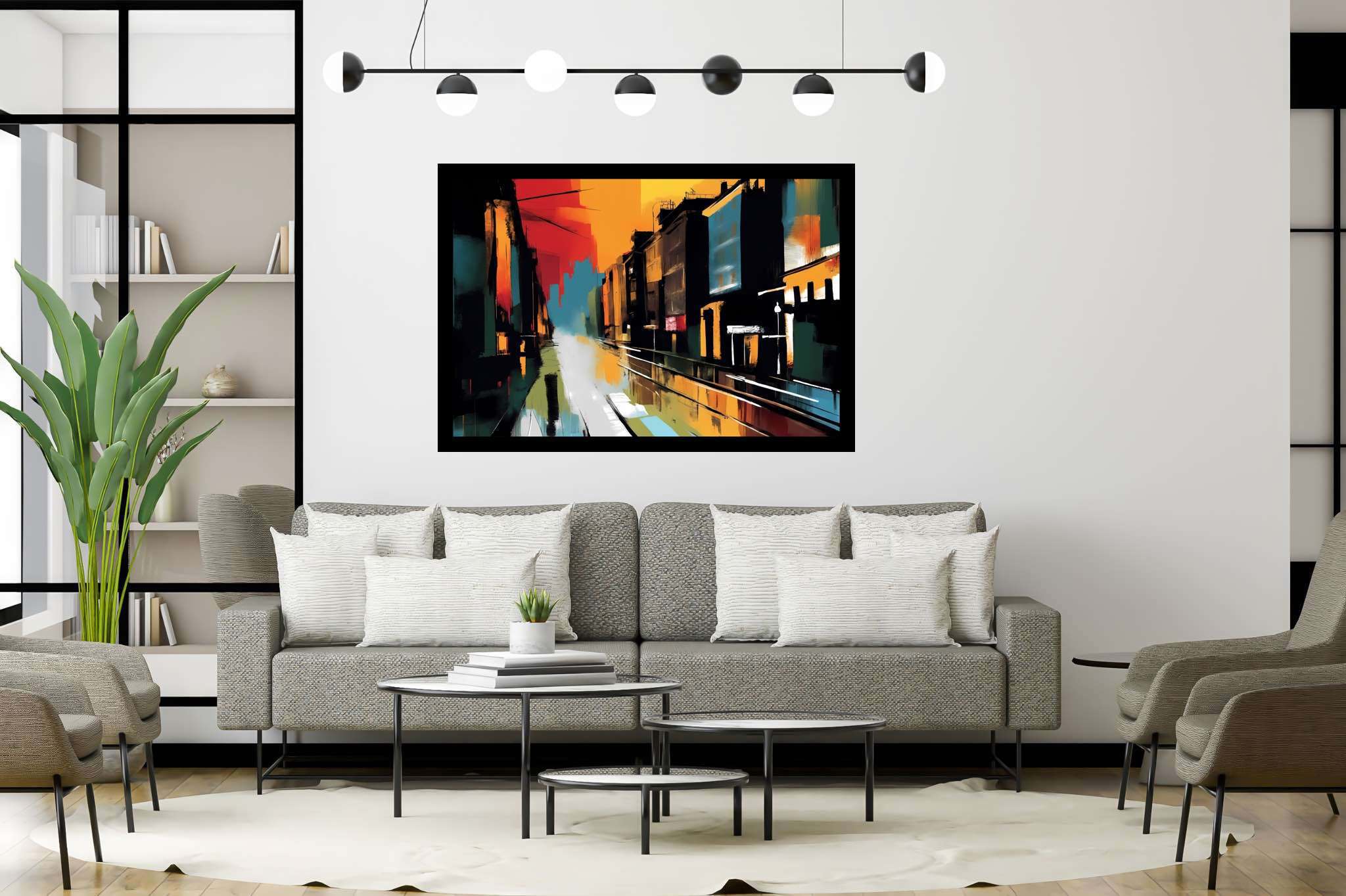 Amber drizzle sonata: Vibrant cityscape art with contemporary cityscape art, in a room with artistic style, mural artworks, and home styling items. The art can be printed on poster, framed poster, canvas, metal, acrylic or wood, exclusively at WallArtZen. Find this exact print at https://wallartzen.com/waz190