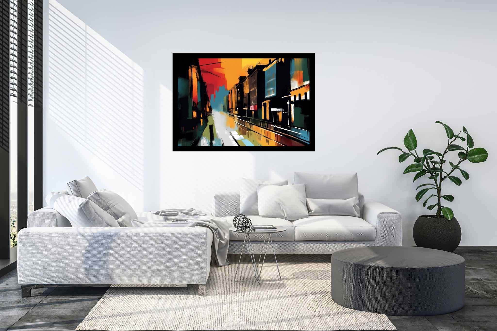 Amber drizzle sonata: Vibrant cityscape art with lively cityscape prints, in a room with chic decor, fine art prints, and home furnishings. The art can be printed on poster, framed poster, canvas, metal, acrylic or wood, exclusively at WallArtZen. Find this exact print at https://wallartzen.com/waz190