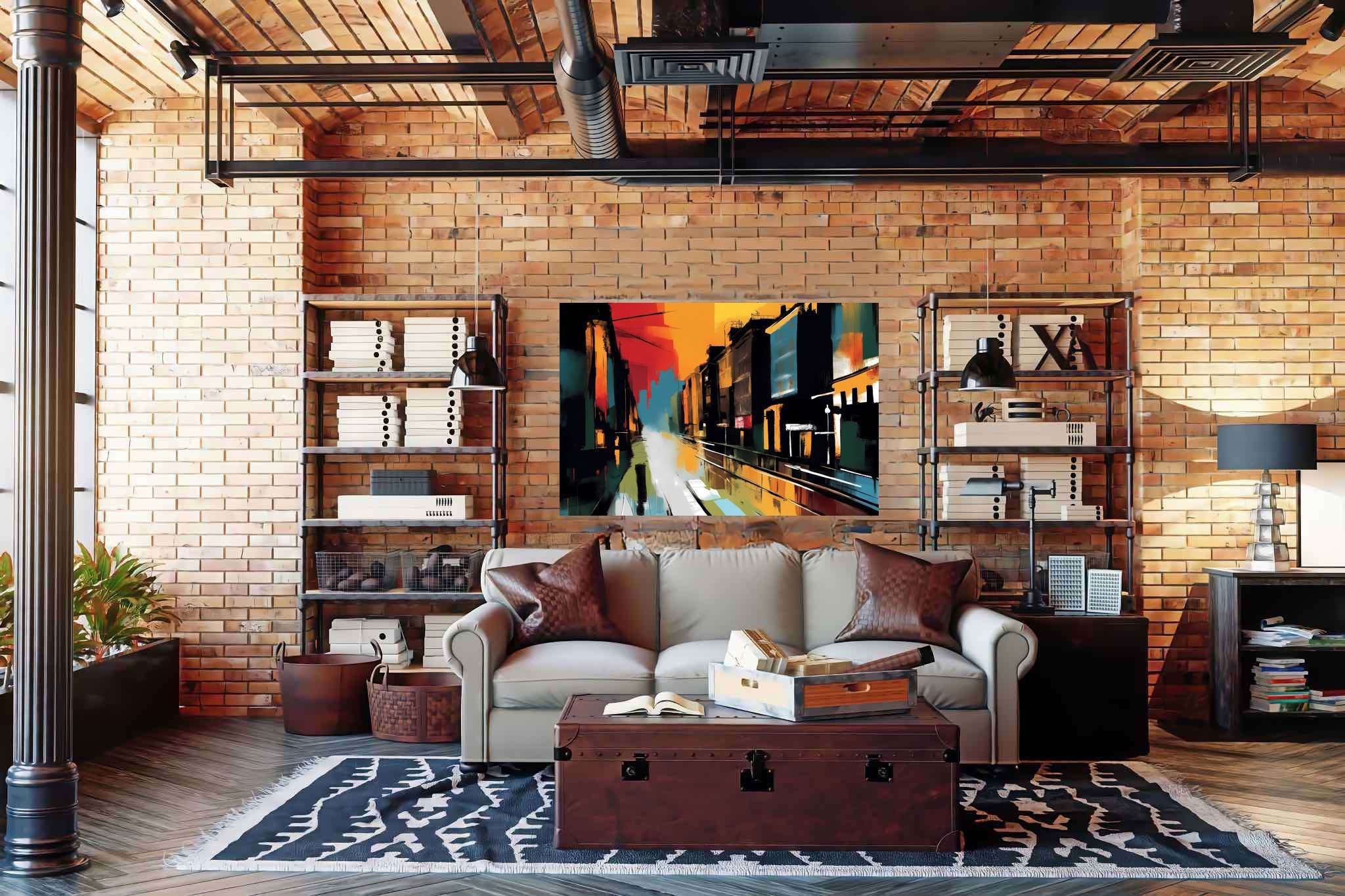 Amber drizzle sonata: Vibrant cityscape art with cityscape wall decor, in a room with contemporary flair, gallery-quality artwork, and luxe decor. The art can be printed on poster, framed poster, canvas, metal, acrylic or wood, exclusively at WallArtZen. Find this exact print at https://wallartzen.com/waz190