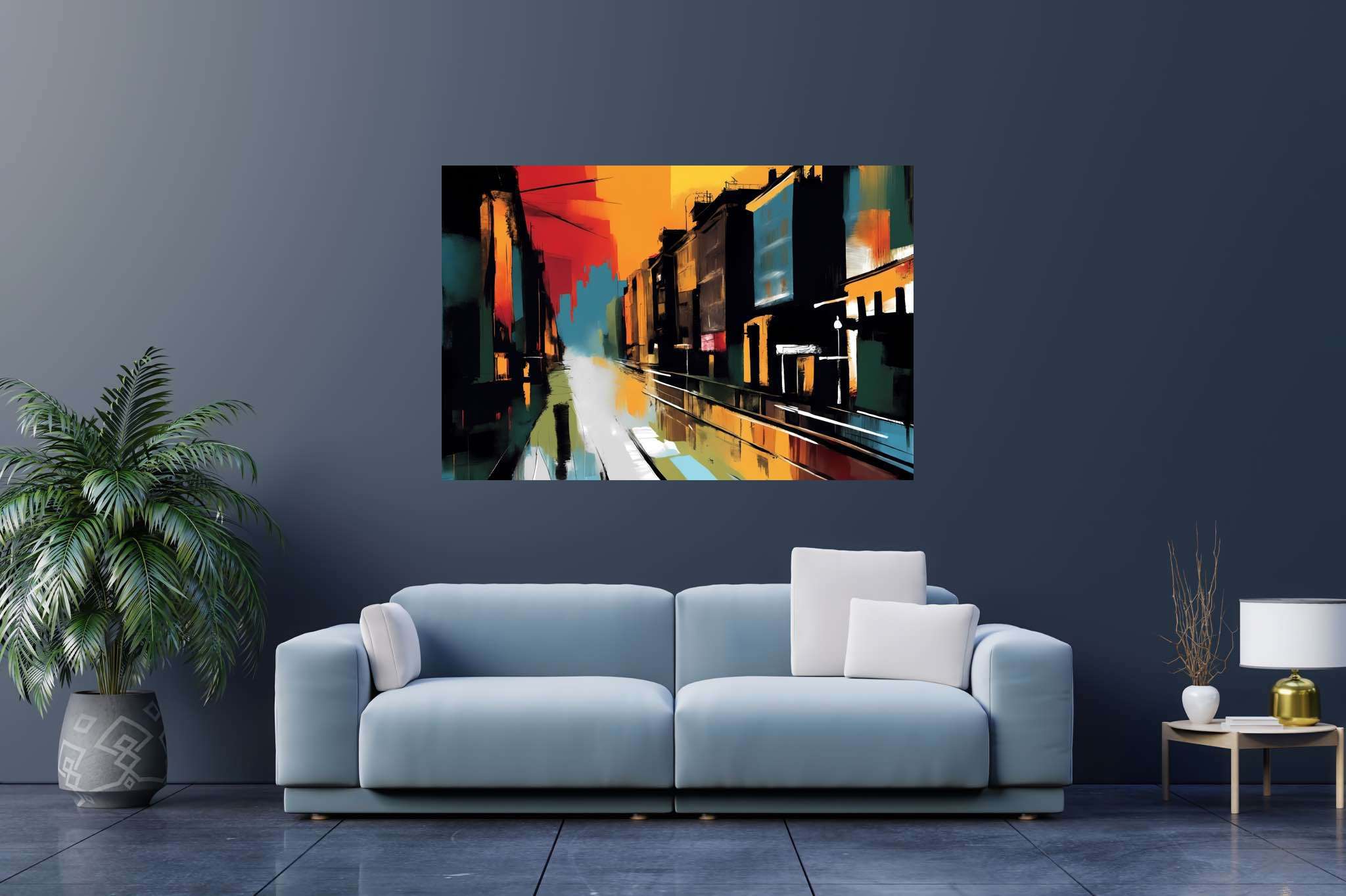 Amber drizzle sonata: Vibrant cityscape art with urban landscape paintings, in a room with great design, gallery-quality artwork, and stylish accessories. The art can be printed on poster, framed poster, canvas, metal, acrylic or wood, exclusively at WallArtZen. Find this exact print at https://wallartzen.com/waz190