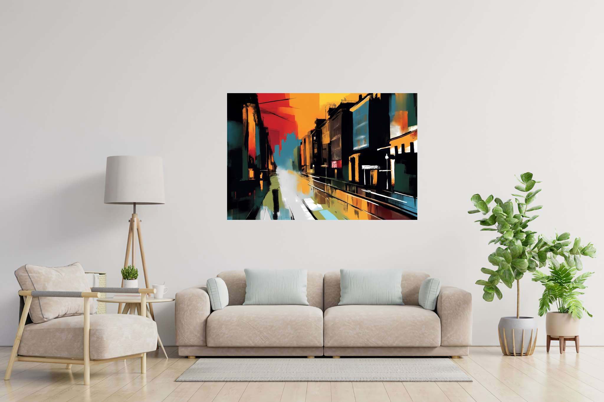 Amber drizzle sonata: Vibrant cityscape art with contemporary cityscape art, in a room with modern style, wall hangings, and artisan decor. The art can be printed on poster, framed poster, canvas, metal, acrylic or wood, exclusively at WallArtZen. Find this exact print at https://wallartzen.com/waz190