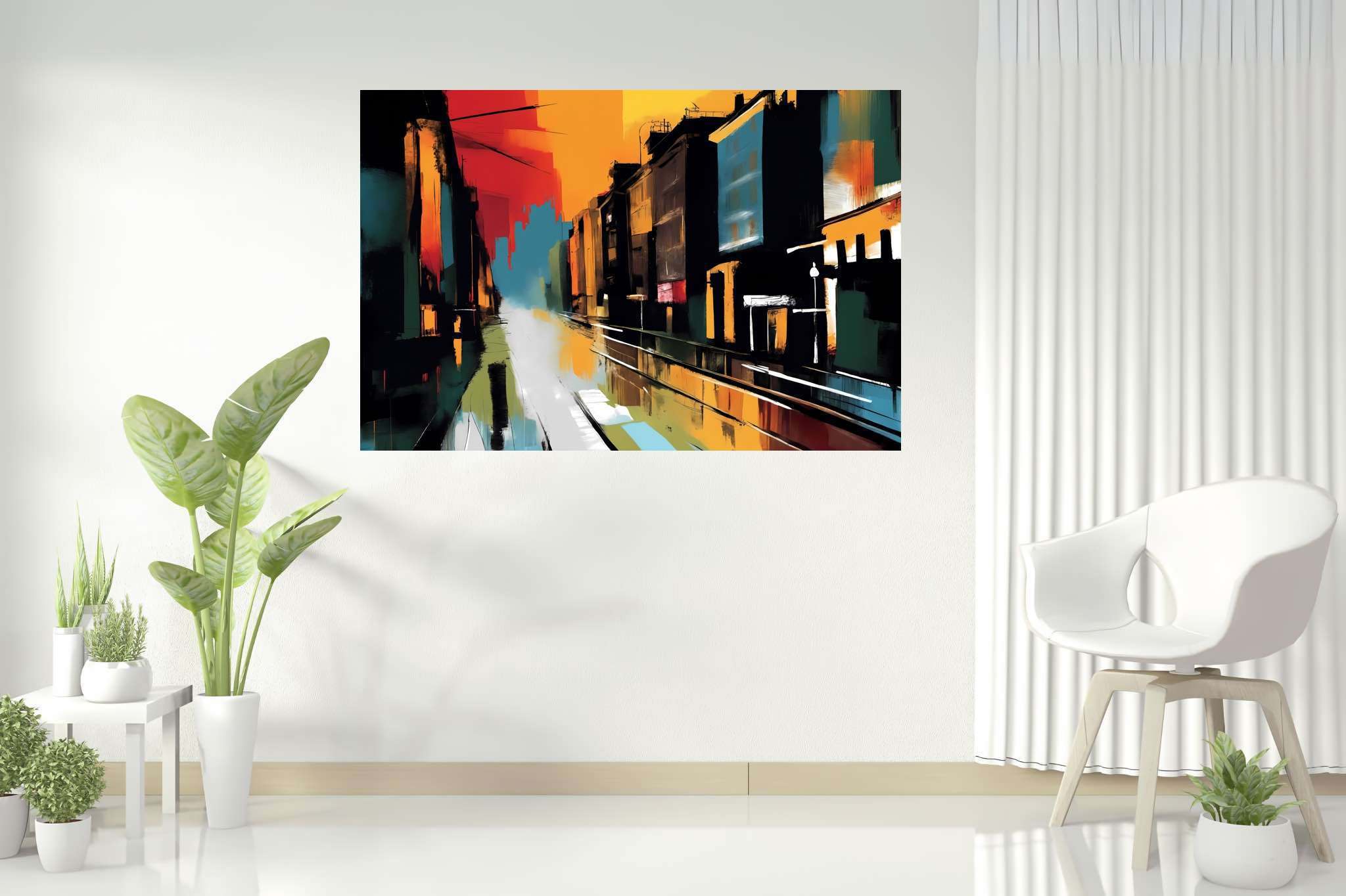 Amber drizzle sonata: Vibrant cityscape art with urban landscape paintings, in a room with innovative layout, framed art, and elegant home goods. The art can be printed on poster, framed poster, canvas, metal, acrylic or wood, exclusively at WallArtZen. Find this exact print at https://wallartzen.com/waz190
