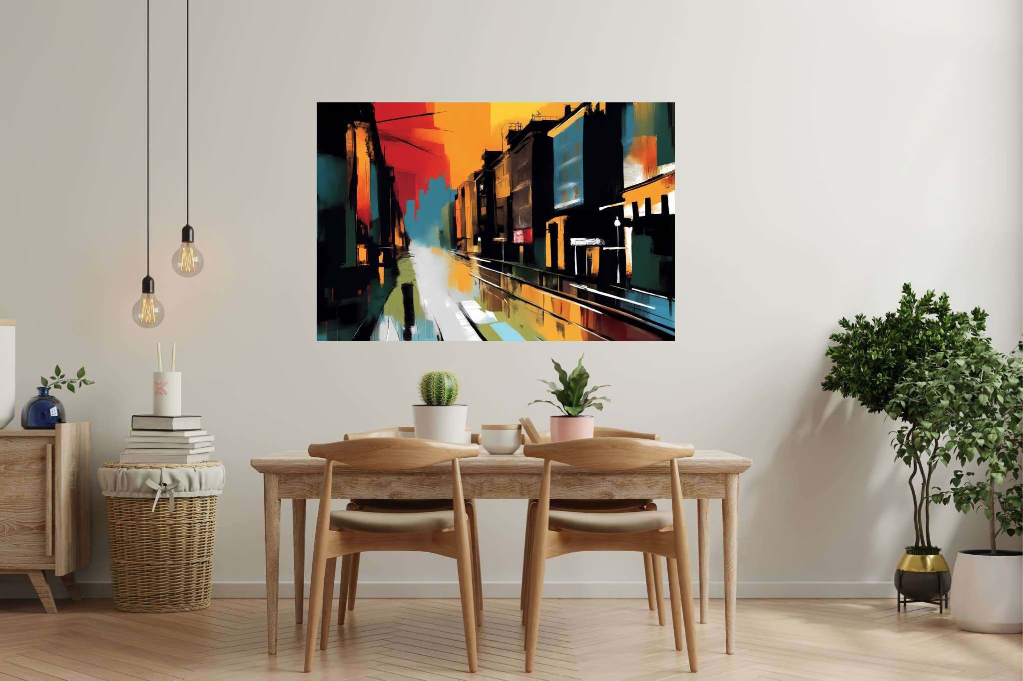 Amber drizzle sonata: Vibrant cityscape art with urban skyline art, in a room with artistic style, gallery-quality artwork, and interior decorations. The art can be printed on poster, framed poster, canvas, metal, acrylic or wood, exclusively at WallArtZen. Find this exact print at https://wallartzen.com/waz190