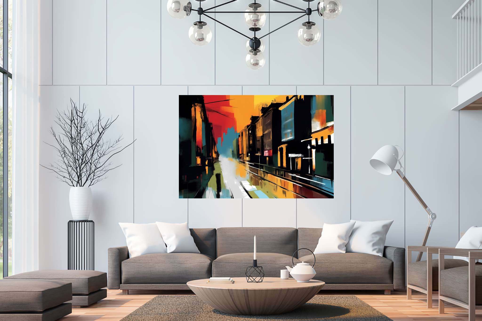 Amber drizzle sonata: Vibrant cityscape art with colorful city scenes, in a room with modern style, wall hangings, and designer furniture. The art can be printed on poster, framed poster, canvas, metal, acrylic or wood, exclusively at WallArtZen. Find this exact print at https://wallartzen.com/waz190