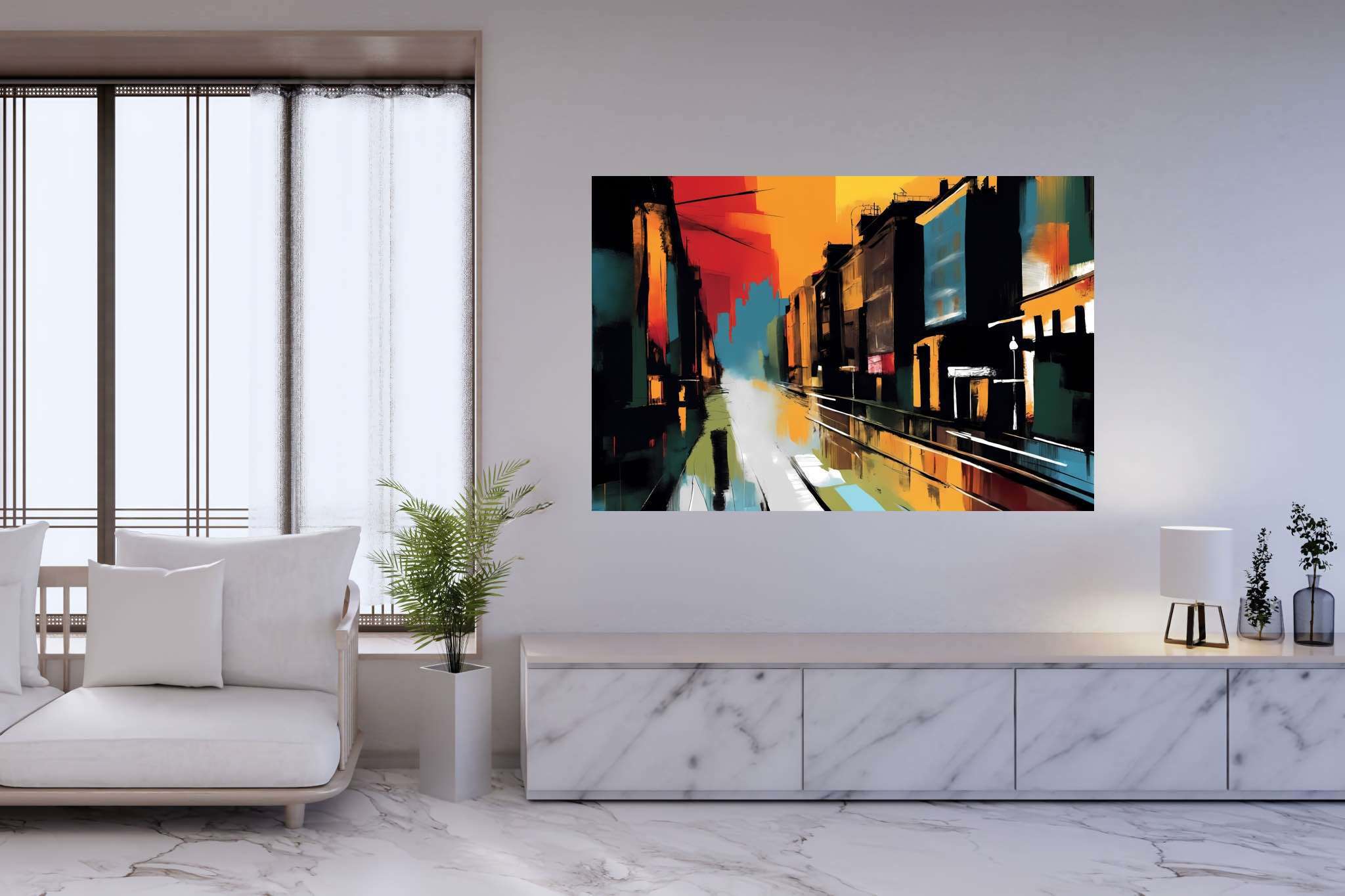 Amber drizzle sonata: Vibrant cityscape art with modern cityscape paintings, in a room with great design, fine art prints, and trendy home accents. The art can be printed on poster, framed poster, canvas, metal, acrylic or wood, exclusively at WallArtZen. Find this exact print at https://wallartzen.com/waz190