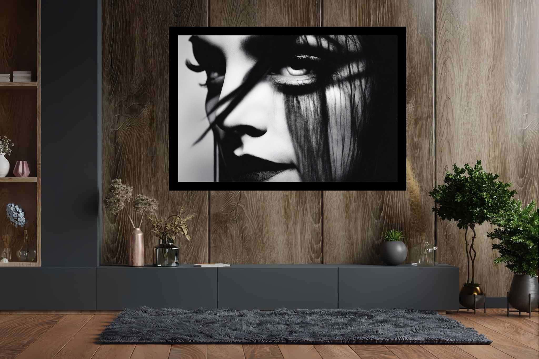 Gaze of the sable enchantress: Dramatic eye art with emotional eye sketches, in a room with minimalist approach, fine art prints, and designer furniture. The art can be printed on poster, framed poster, canvas, metal, acrylic or wood, exclusively at WallArtZen. Find this exact print at https://wallartzen.com/waz191