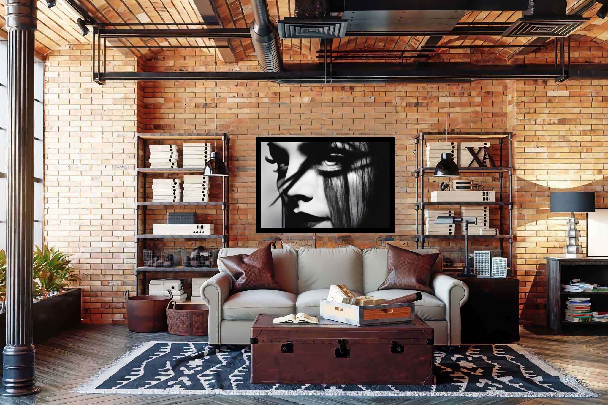 Gaze of the sable enchantress: Dramatic eye art with evocative eye sculptures, in a room with artistic style, gallery-quality artwork, and decorative pieces. The art can be printed on poster, framed poster, canvas, metal, acrylic or wood, exclusively at WallArtZen. Find this exact print at https://wallartzen.com/waz191