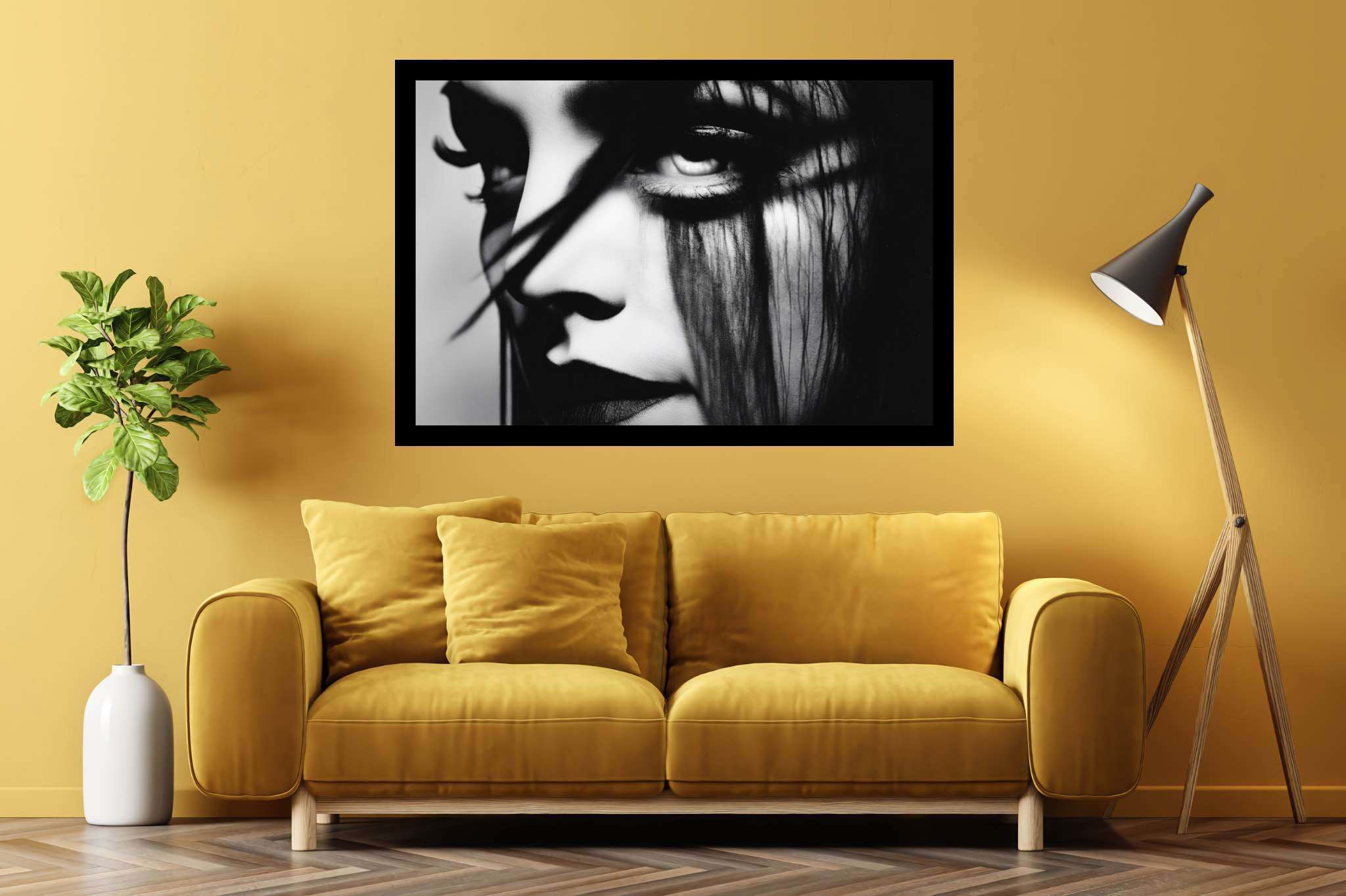 Gaze of the sable enchantress: Dramatic eye art with intense eye artwork, in a room with great design, fine art prints, and luxe decor. The art can be printed on poster, framed poster, canvas, metal, acrylic or wood, exclusively at WallArtZen. Find this exact print at https://wallartzen.com/waz191