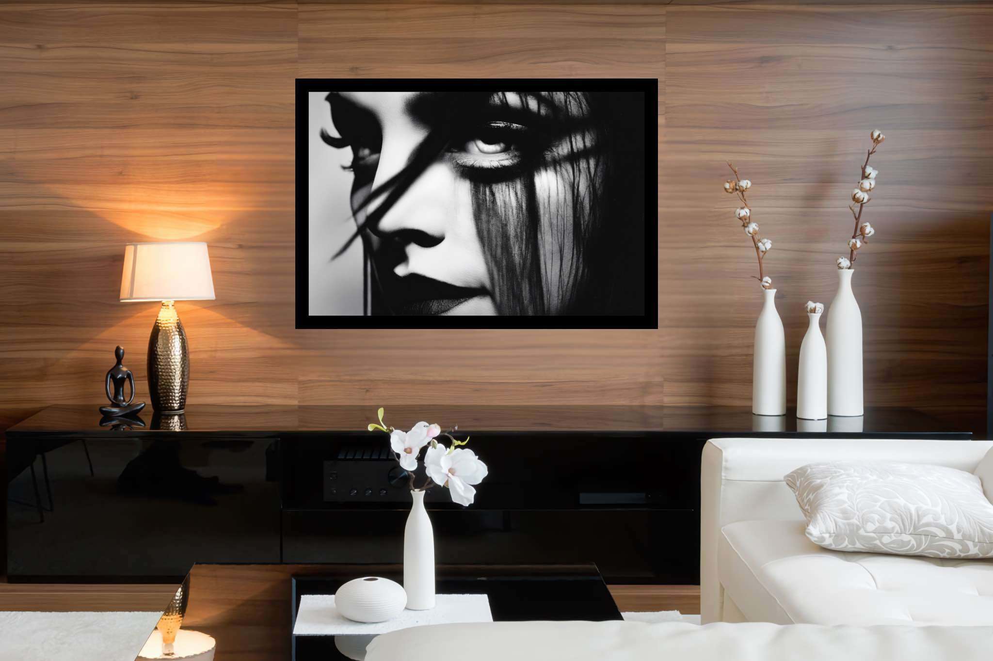 Gaze of the sable enchantress: Dramatic eye art with dramatic eye art, in a room with chic decor, digital art pieces, and luxe decor. The art can be printed on poster, framed poster, canvas, metal, acrylic or wood, exclusively at WallArtZen. Find this exact print at https://wallartzen.com/waz191
