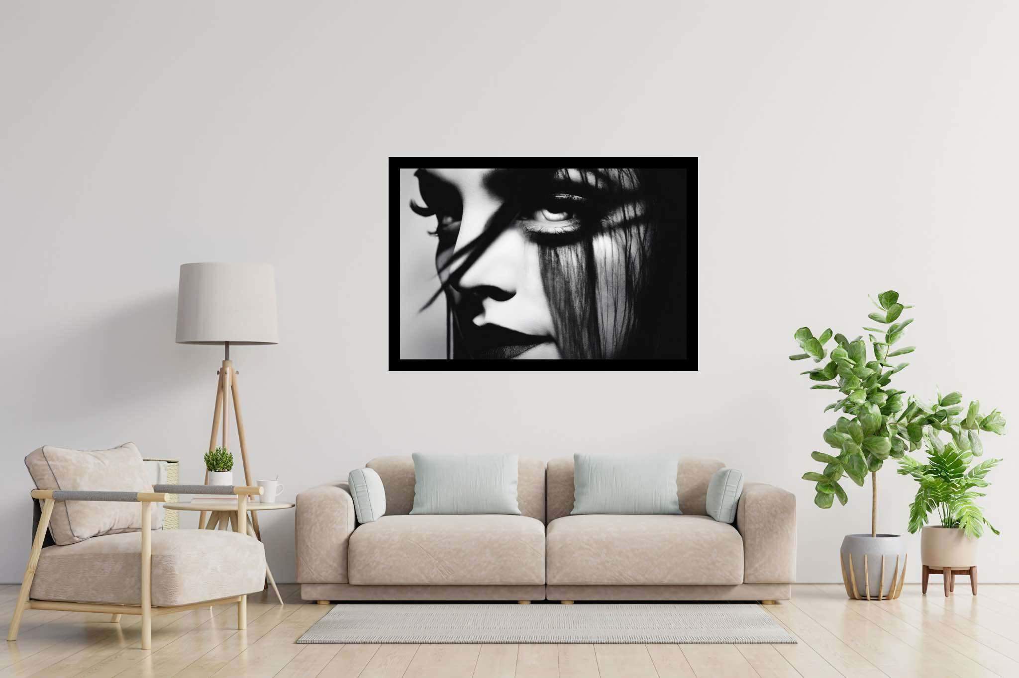Gaze of the sable enchantress: Dramatic eye art with striking eye designs, in a room with modern style, mural artworks, and elegant home goods. The art can be printed on poster, framed poster, canvas, metal, acrylic or wood, exclusively at WallArtZen. Find this exact print at https://wallartzen.com/waz191