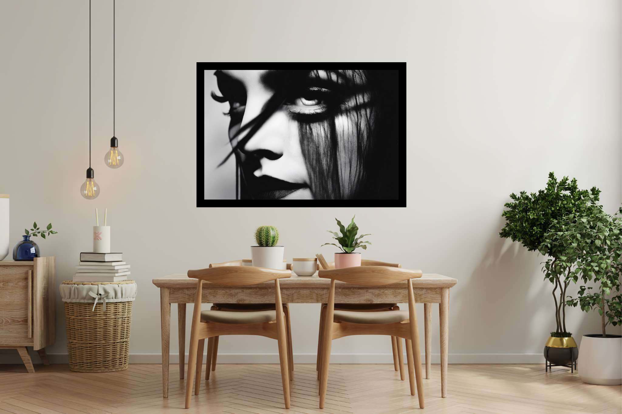 Gaze of the sable enchantress: Dramatic eye art with dramatic eye aesthetics, in a room with great design, gallery-quality artwork, and luxe decor. The art can be printed on poster, framed poster, canvas, metal, acrylic or wood, exclusively at WallArtZen. Find this exact print at https://wallartzen.com/waz191