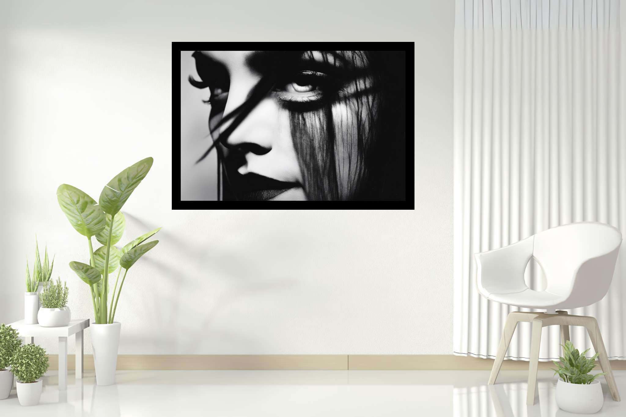 Gaze of the sable enchantress: Dramatic eye art with dramatic eye aesthetics, in a room with urban design, digital art pieces, and home furnishings. The art can be printed on poster, framed poster, canvas, metal, acrylic or wood, exclusively at WallArtZen. Find this exact print at https://wallartzen.com/waz191