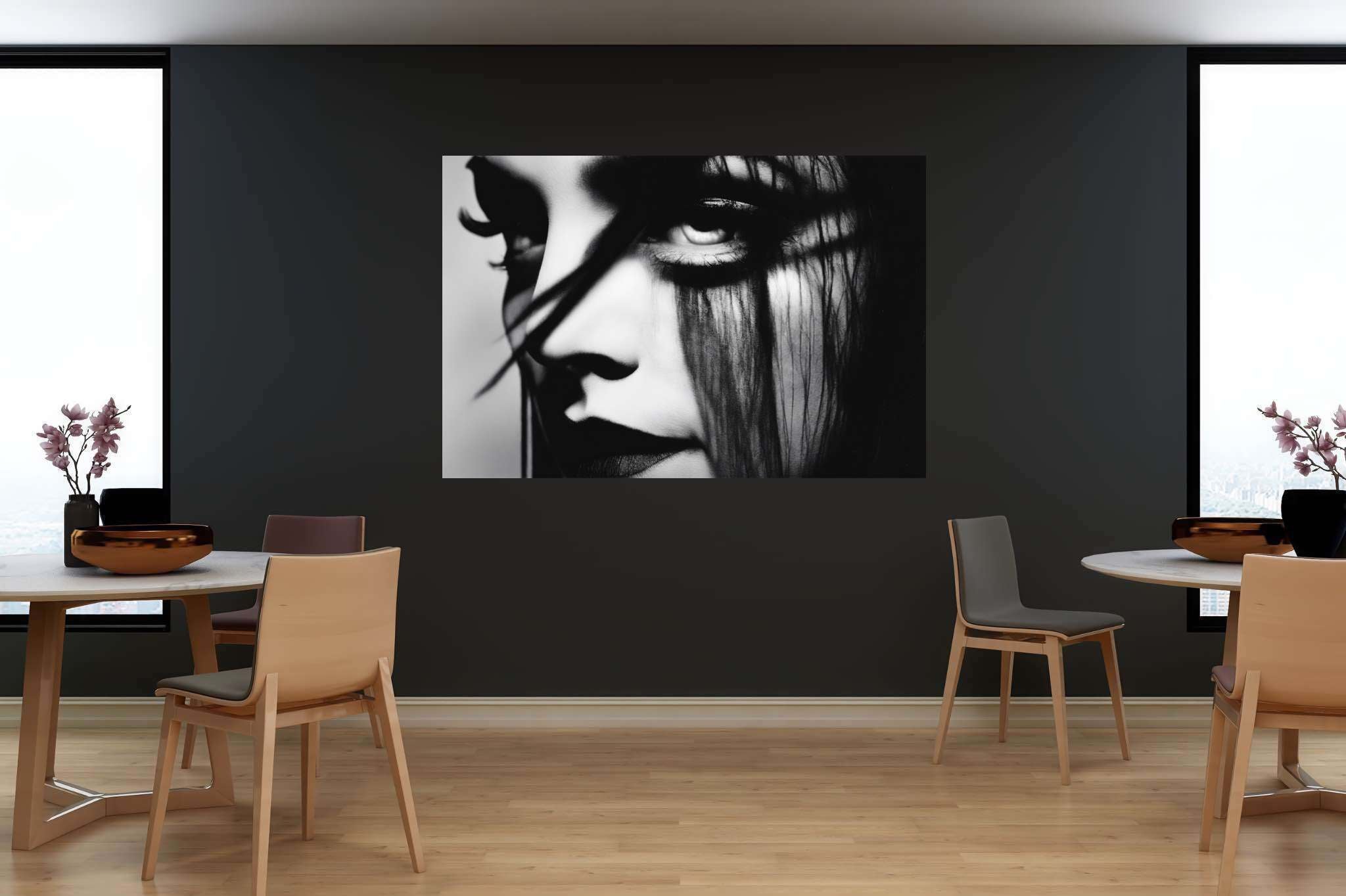Gaze of the sable enchantress: Dramatic eye art with expressive eye interpretations, in a room with innovative layout, gallery-quality artwork, and decorative pieces. The art can be printed on poster, framed poster, canvas, metal, acrylic or wood, exclusively at WallArtZen. Find this exact print at https://wallartzen.com/waz191