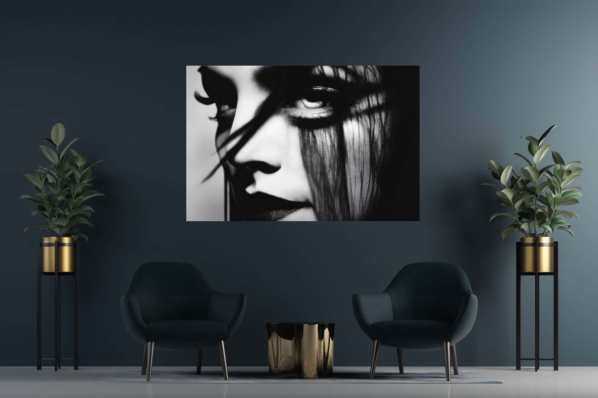 Gaze of the sable enchantress: Dramatic eye art with intense eye symbolism, in a room with chic decor, photographic wall art, and stylish accessories. The art can be printed on poster, framed poster, canvas, metal, acrylic or wood, exclusively at WallArtZen. Find this exact print at https://wallartzen.com/waz191