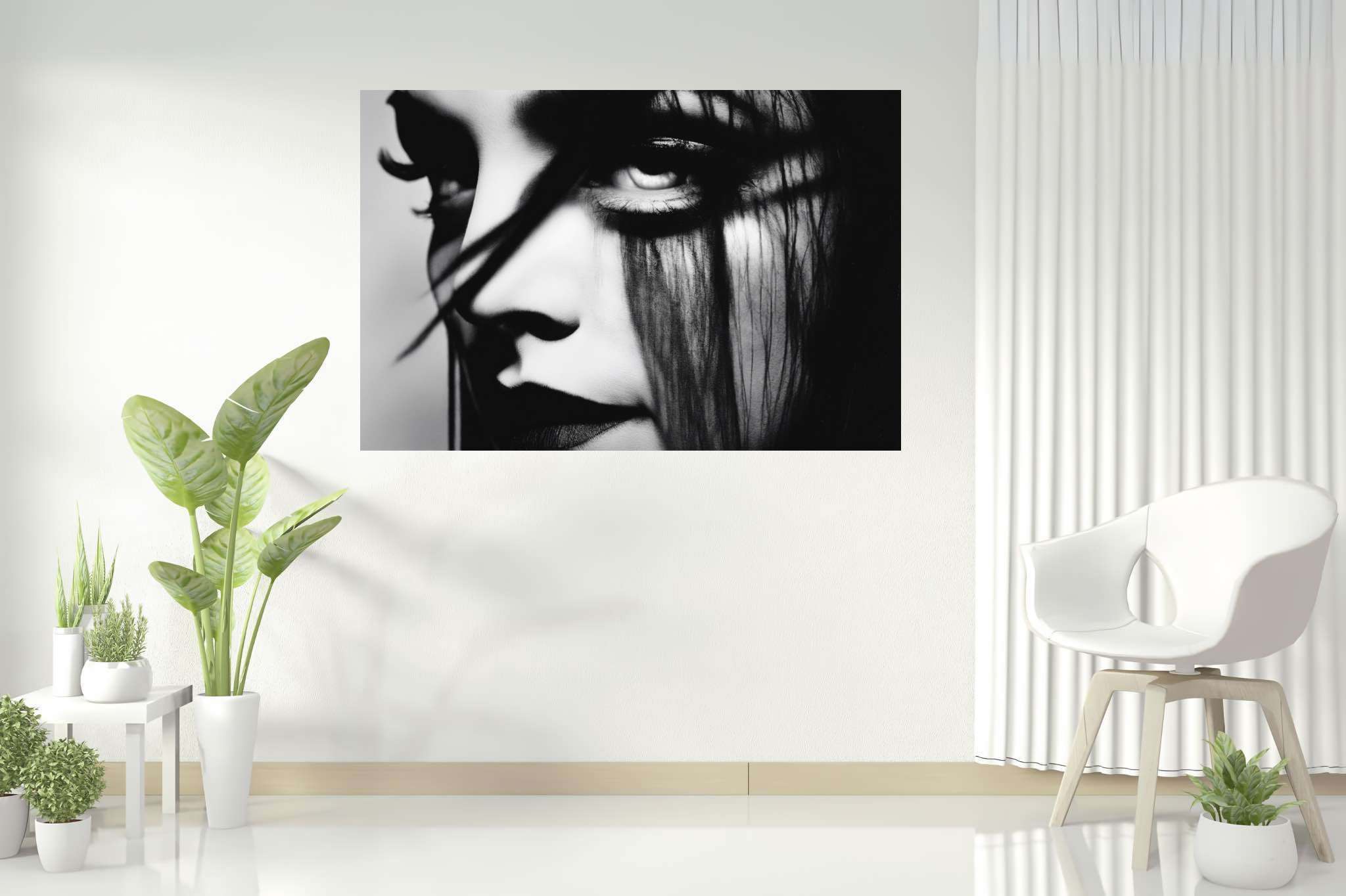 Gaze of the sable enchantress: Dramatic eye art with intense gaze art, in a room with elegant layout, mural artworks, and stylish accessories. The art can be printed on poster, framed poster, canvas, metal, acrylic or wood, exclusively at WallArtZen. Find this exact print at https://wallartzen.com/waz191