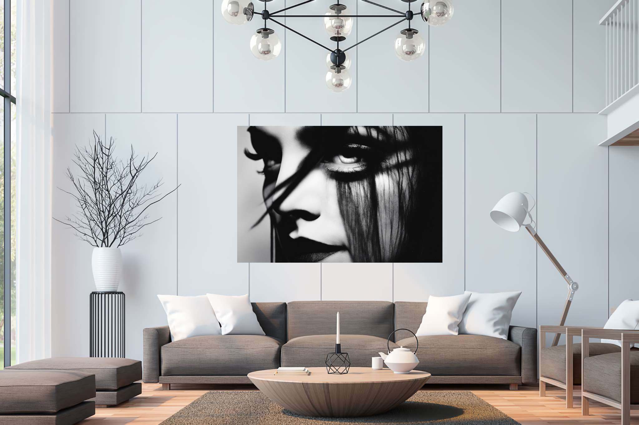 Gaze of the sable enchantress: Dramatic eye art with expressive eye interpretations, in a room with classic elegance, abstract paintings, and elegant home goods. The art can be printed on poster, framed poster, canvas, metal, acrylic or wood, exclusively at WallArtZen. Find this exact print at https://wallartzen.com/waz191