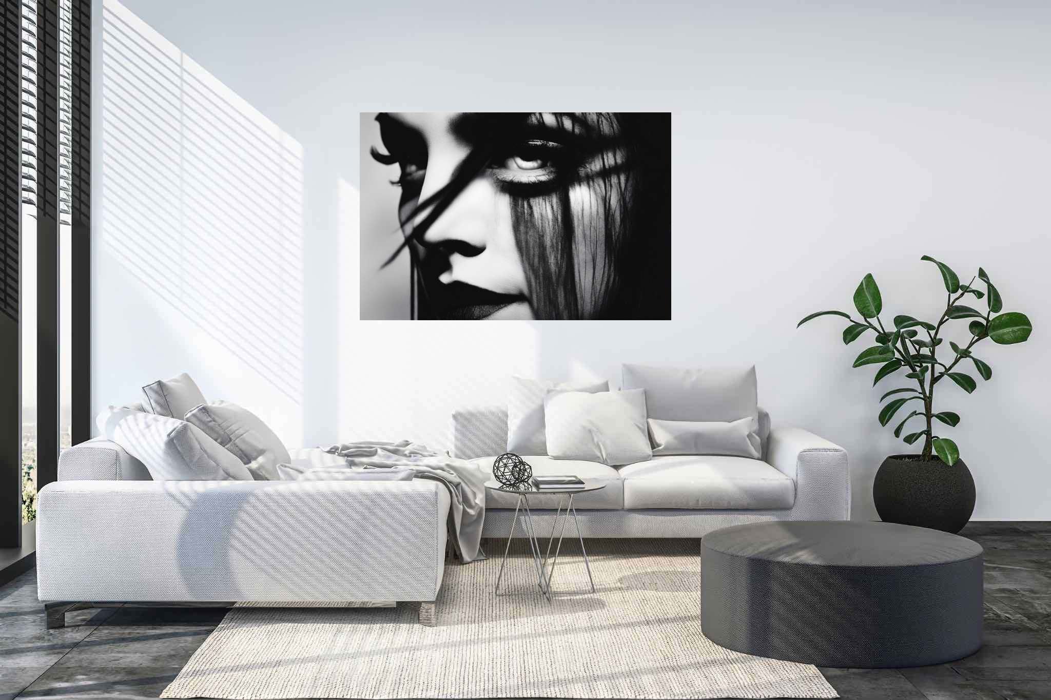 Gaze of the sable enchantress: Dramatic eye art with intense gaze art, in a room with contemporary flair, canvas prints, and elegant home goods. The art can be printed on poster, framed poster, canvas, metal, acrylic or wood, exclusively at WallArtZen. Find this exact print at https://wallartzen.com/waz191