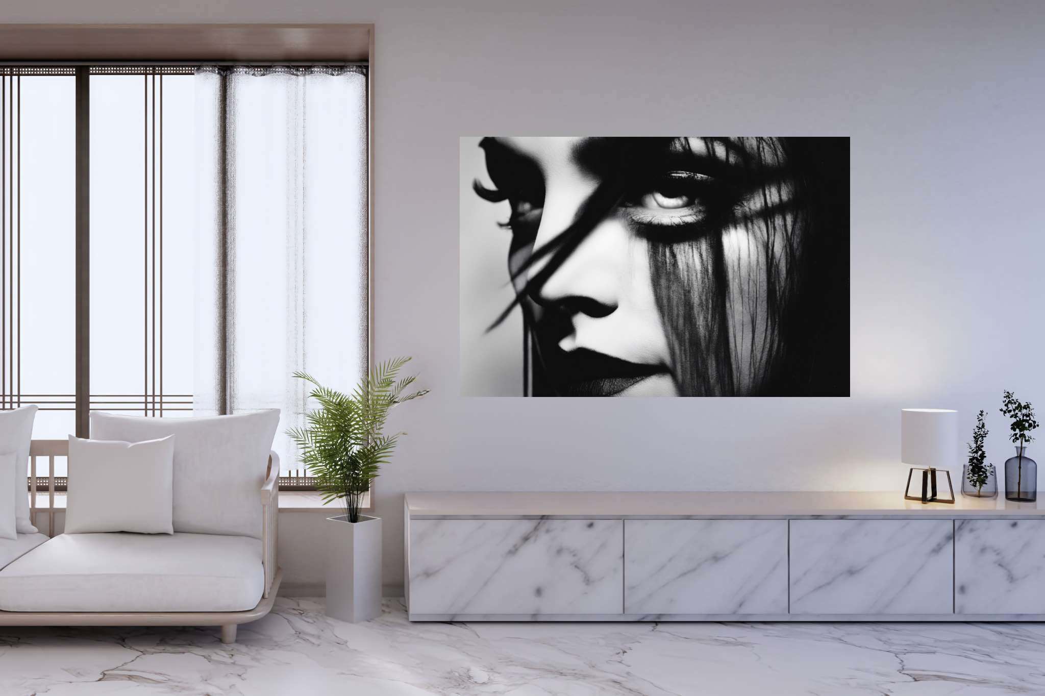 Gaze of the sable enchantress: Dramatic eye art with emotional eye sketches, in a room with innovative layout, framed art, and designer furniture. The art can be printed on poster, framed poster, canvas, metal, acrylic or wood, exclusively at WallArtZen. Find this exact print at https://wallartzen.com/waz191