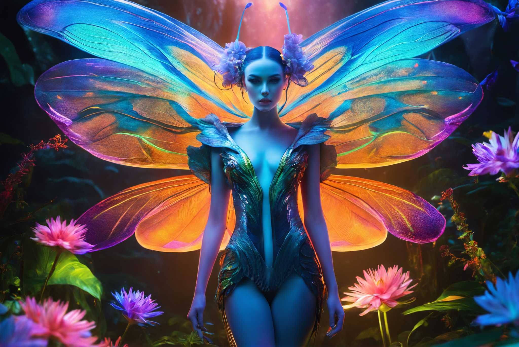 Butterfly enchantress in bloom: Surreal art with abstract surrealism, in a room with contemporary flair, fine art prints, and home furnishings. The art can be printed on poster, framed poster, canvas, metal, acrylic or wood, exclusively at WallArtZen. Find this exact print at https://wallartzen.com/waz192