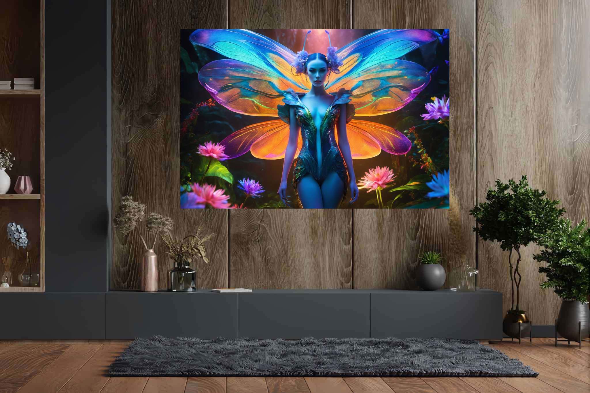 Butterfly enchantress in bloom: Surreal art with uncanny compositions, in a room with great design, mural artworks, and elegant home goods. The art can be printed on poster, framed poster, canvas, metal, acrylic or wood, exclusively at WallArtZen. Find this exact print at https://wallartzen.com/waz192