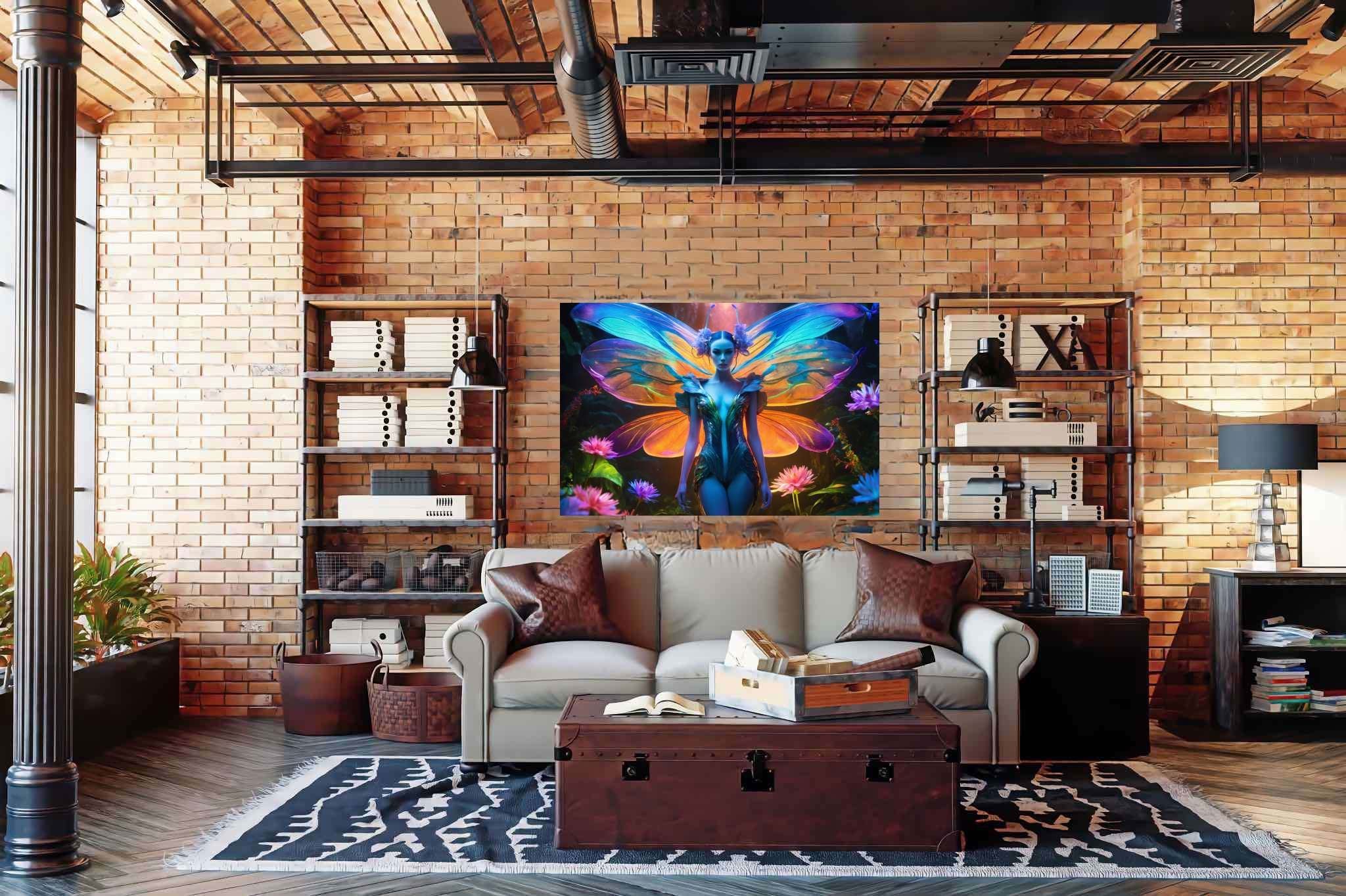 Butterfly enchantress in bloom: Surreal art with bizarre paintings, in a room with great design, photographic wall art, and home furnishings. The art can be printed on poster, framed poster, canvas, metal, acrylic or wood, exclusively at WallArtZen. Find this exact print at https://wallartzen.com/waz192
