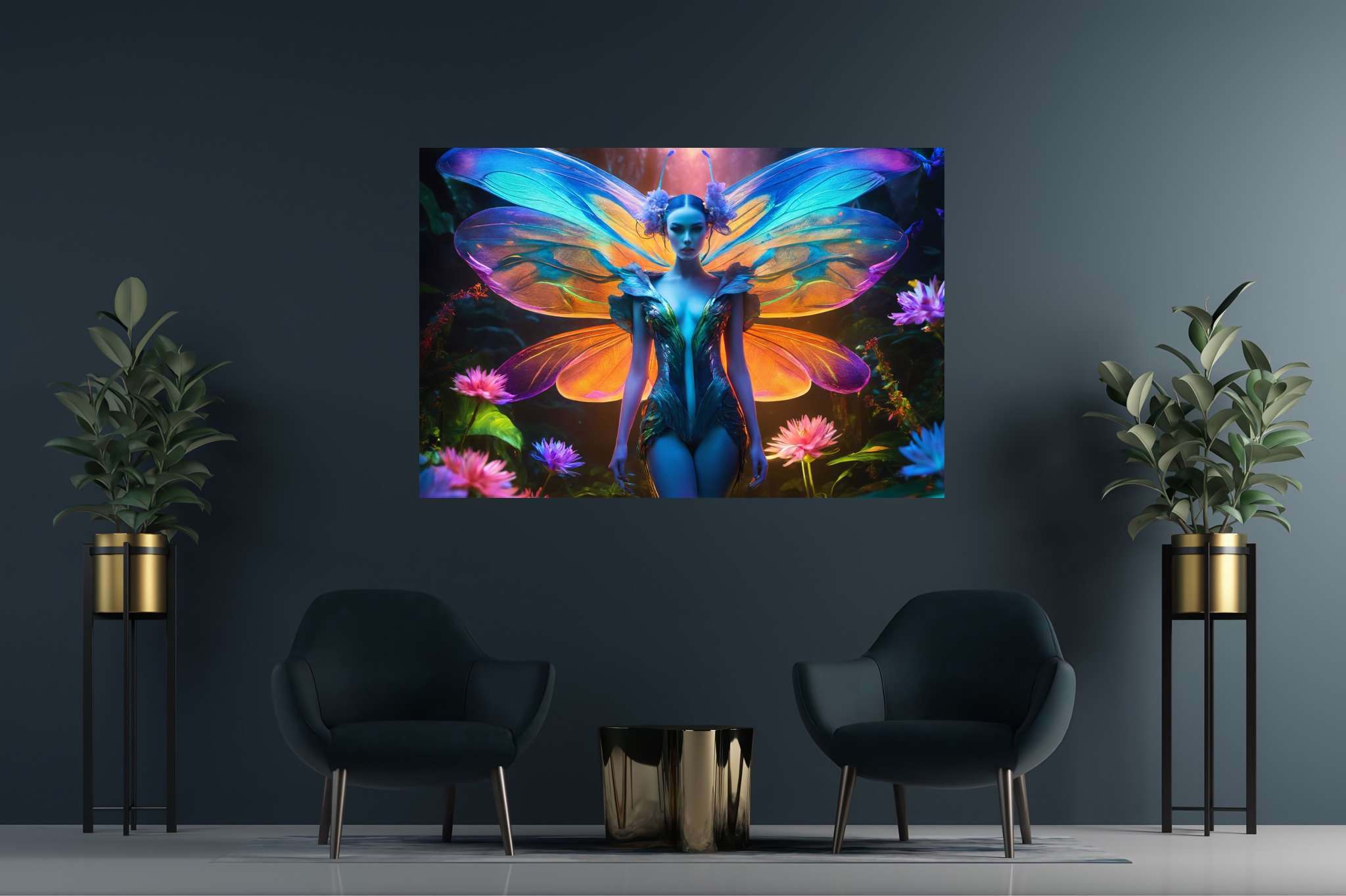 Butterfly enchantress in bloom: Surreal art with dreamlike imagery, in a room with modern style, mural artworks, and elegant home goods. The art can be printed on poster, framed poster, canvas, metal, acrylic or wood, exclusively at WallArtZen. Find this exact print at https://wallartzen.com/waz192