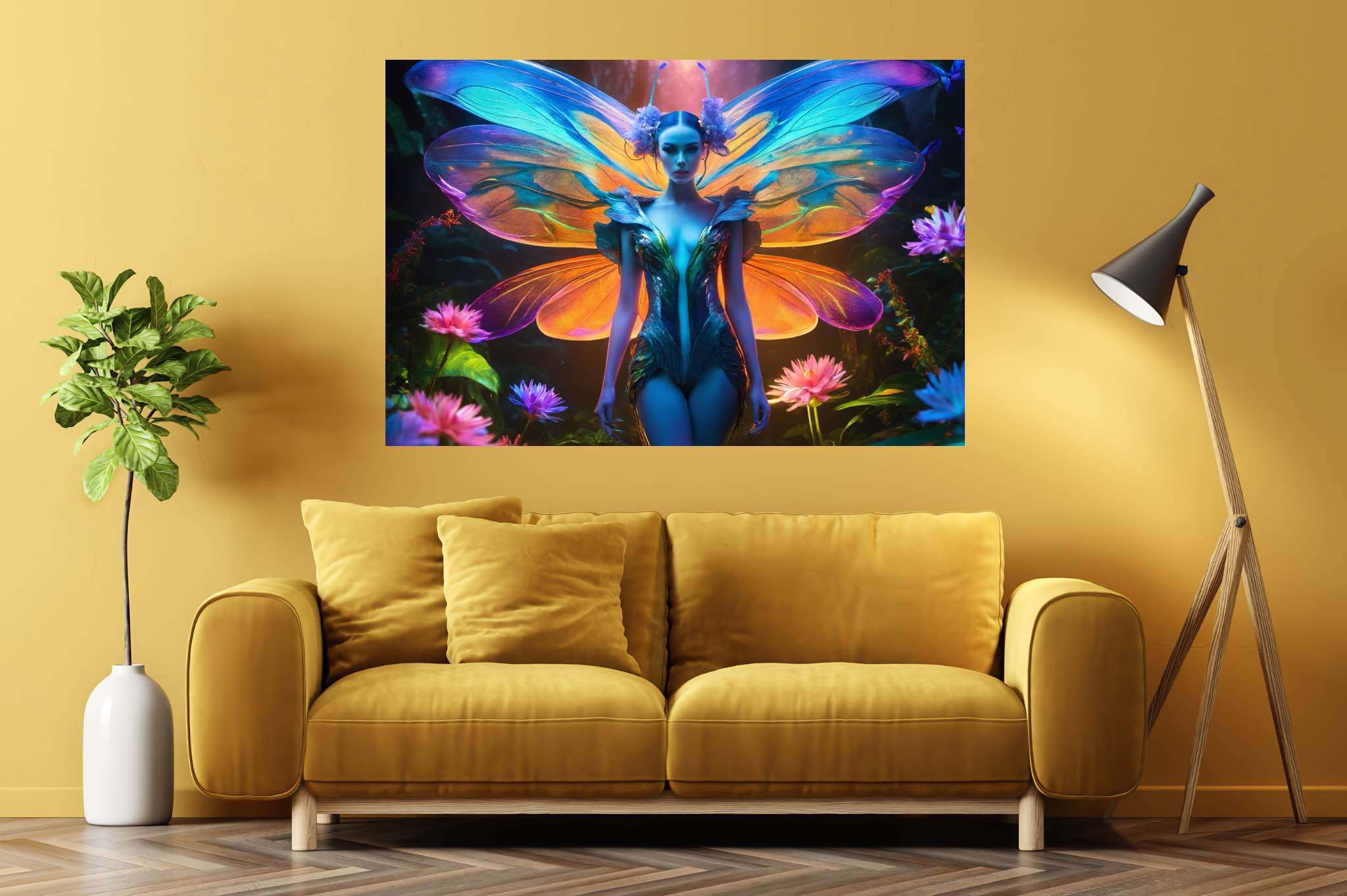 Butterfly enchantress in bloom: Surreal art with surreal art, in a room with chic decor, abstract paintings, and artisan decor. The art can be printed on poster, framed poster, canvas, metal, acrylic or wood, exclusively at WallArtZen. Find this exact print at https://wallartzen.com/waz192
