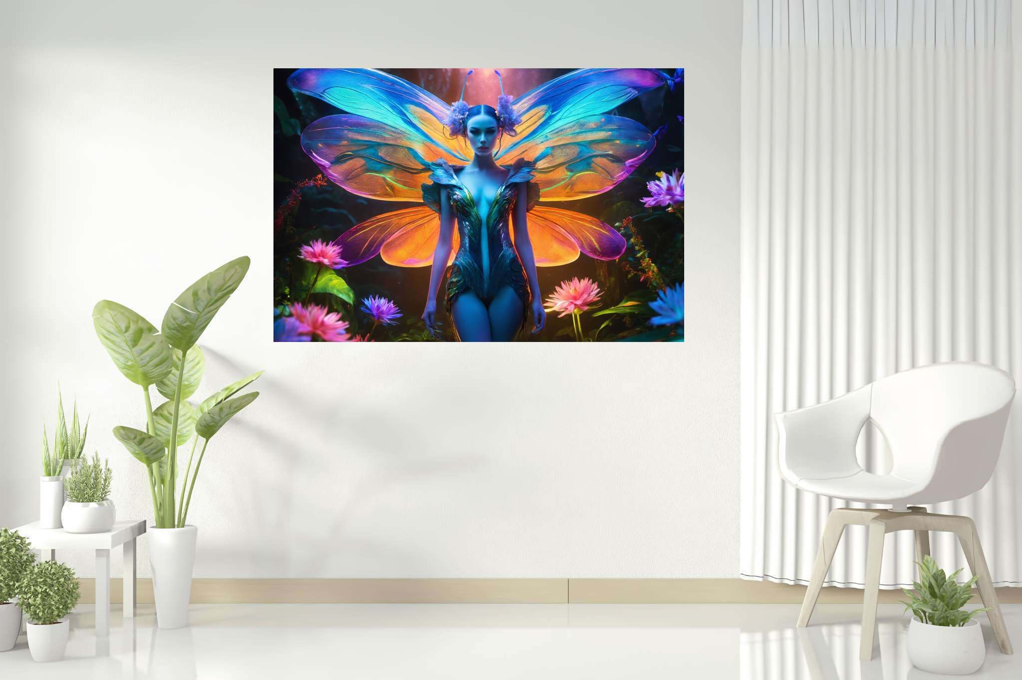 Butterfly enchantress in bloom: Surreal art with avant-garde artwork, in a room with urban design, wall hangings, and home styling items. The art can be printed on poster, framed poster, canvas, metal, acrylic or wood, exclusively at WallArtZen. Find this exact print at https://wallartzen.com/waz192