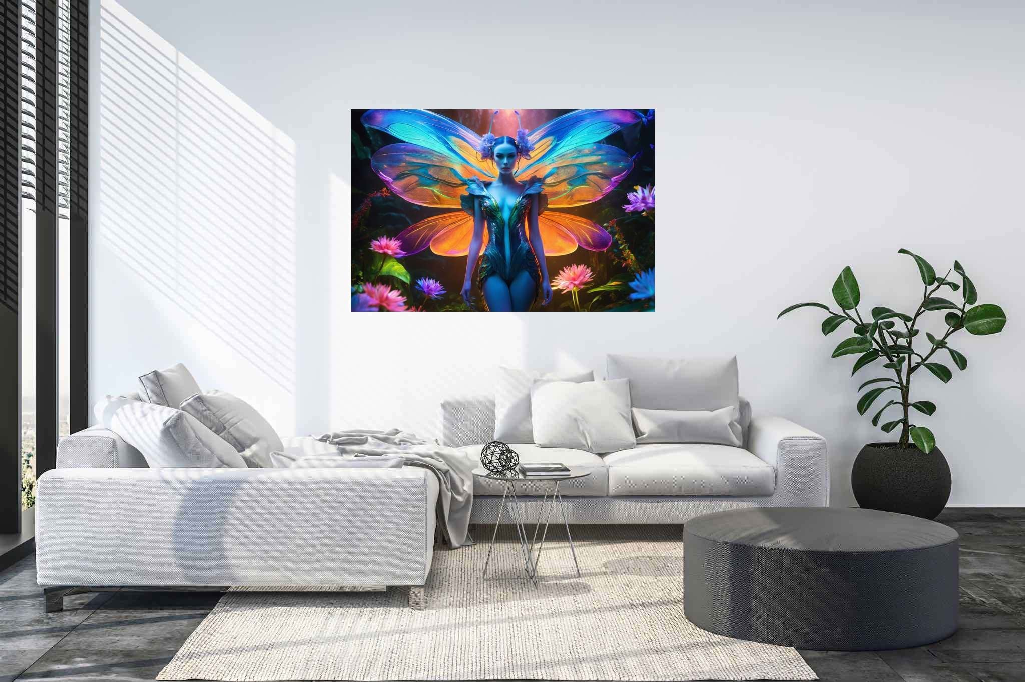 Butterfly enchantress in bloom: Surreal art with bizarre paintings, in a room with artistic style, digital art pieces, and home styling items. The art can be printed on poster, framed poster, canvas, metal, acrylic or wood, exclusively at WallArtZen. Find this exact print at https://wallartzen.com/waz192