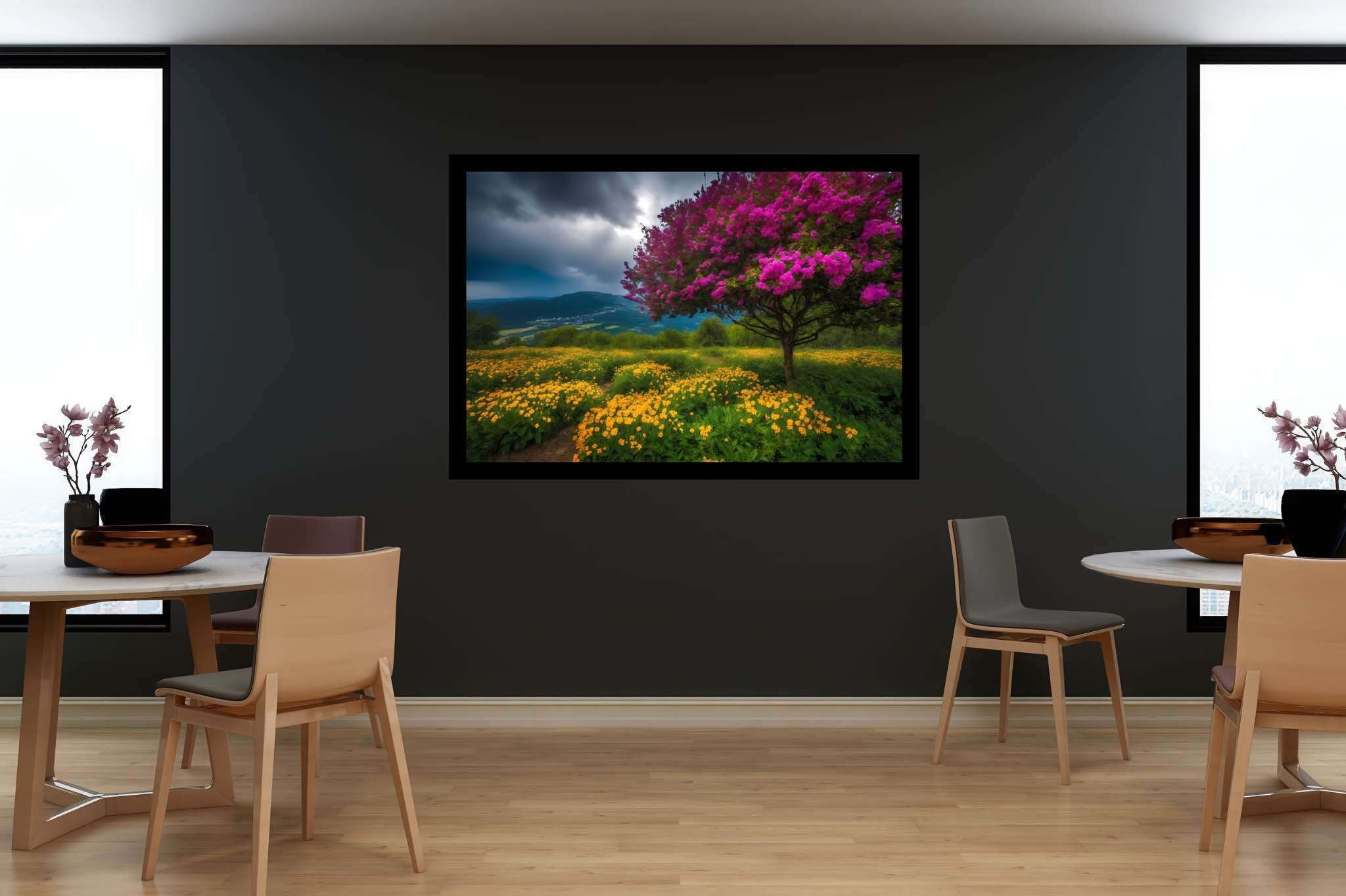 Spectrum of serenity: Lively landscape art with spirited nature, in a room with innovative layout, canvas prints, and artisan decor. The art can be printed on poster, framed poster, canvas, metal, acrylic or wood, exclusively at WallArtZen. Find this exact print at https://wallartzen.com/waz193