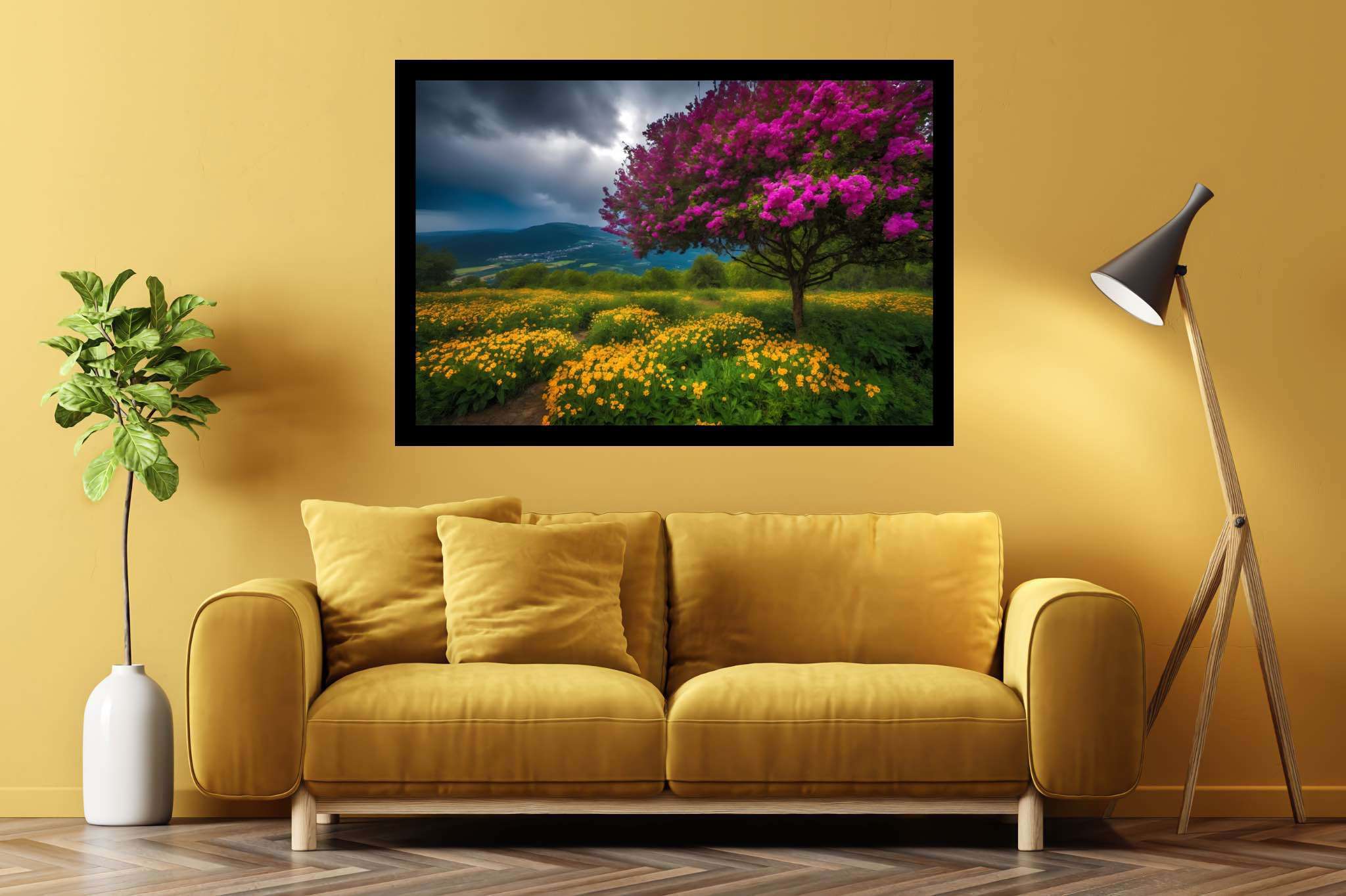 Spectrum of serenity: Lively landscape art with vibrant natural landscapes, in a room with minimalist approach, digital art pieces, and stylish accessories. The art can be printed on poster, framed poster, canvas, metal, acrylic or wood, exclusively at WallArtZen. Find this exact print at https://wallartzen.com/waz193
