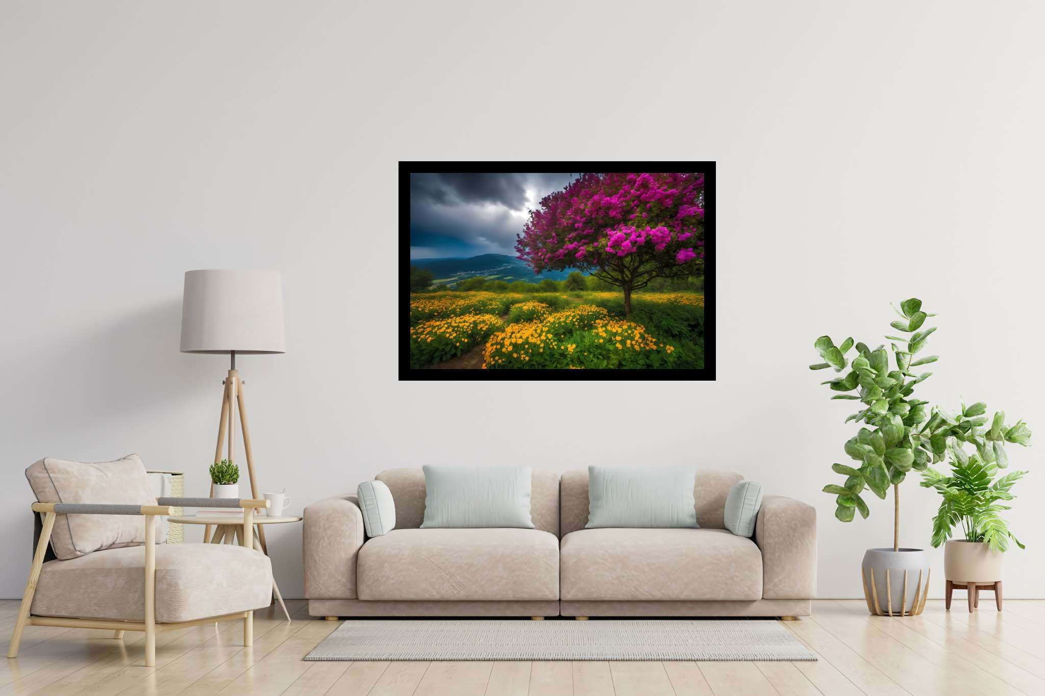 Spectrum of serenity: Lively landscape art with expressive nature art, in a room with artistic style, abstract paintings, and stylish accessories. The art can be printed on poster, framed poster, canvas, metal, acrylic or wood, exclusively at WallArtZen. Find this exact print at https://wallartzen.com/waz193