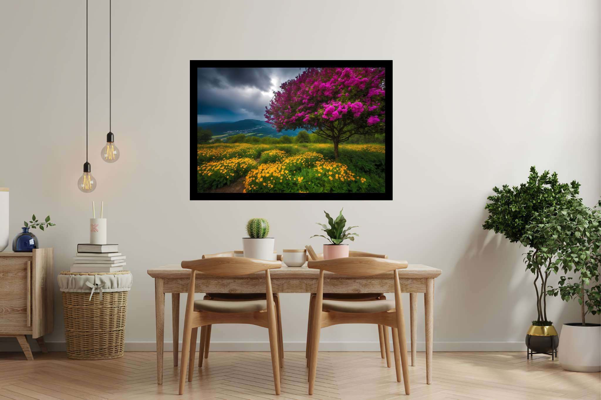 Spectrum of serenity: Lively landscape art with animated landscapes, in a room with elegant layout, gallery-quality artwork, and stylish accessories. The art can be printed on poster, framed poster, canvas, metal, acrylic or wood, exclusively at WallArtZen. Find this exact print at https://wallartzen.com/waz193