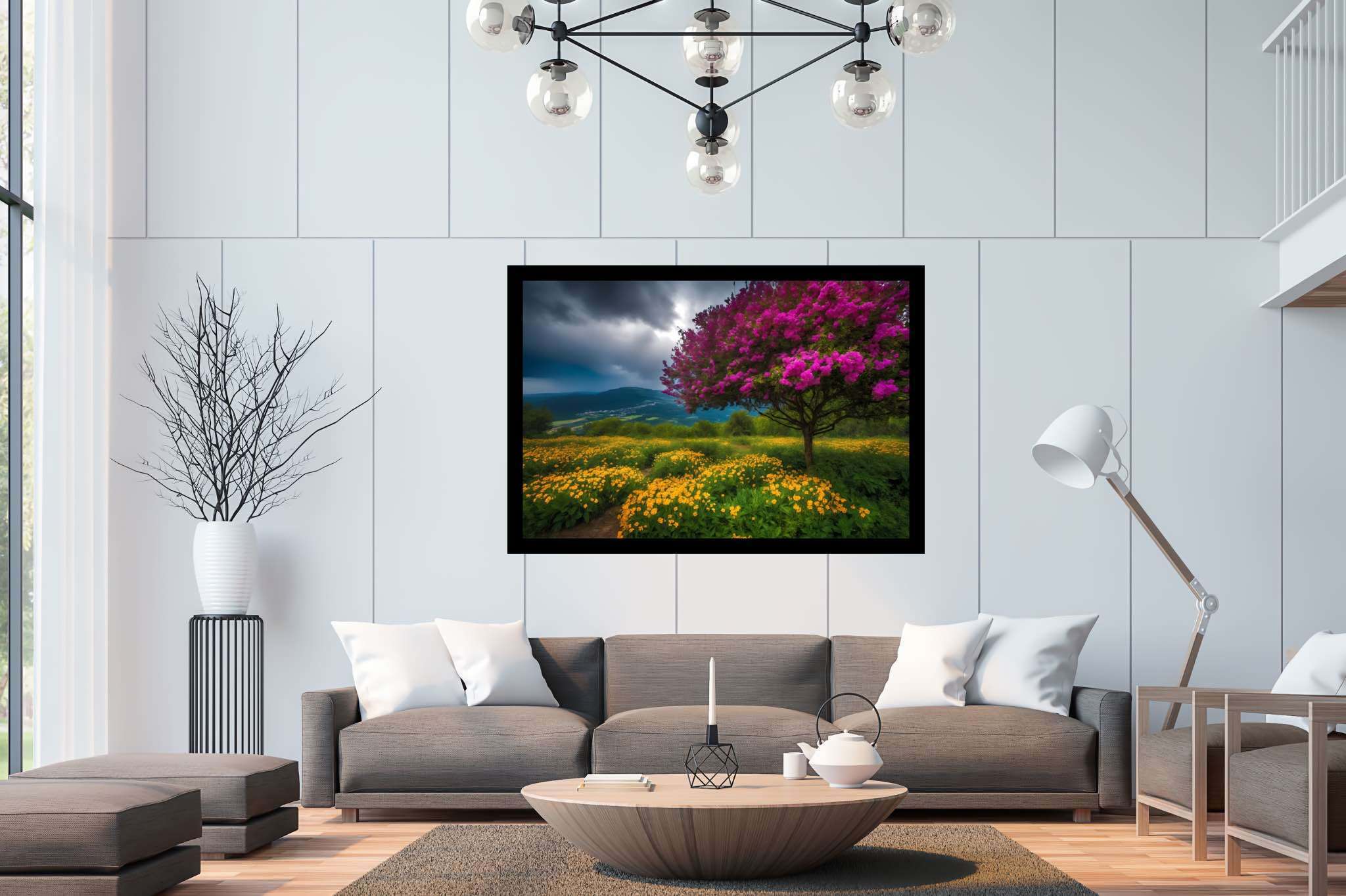 Spectrum of serenity: Lively landscape art with dynamic nature, in a room with urban design, mural artworks, and elegant home goods. The art can be printed on poster, framed poster, canvas, metal, acrylic or wood, exclusively at WallArtZen. Find this exact print at https://wallartzen.com/waz193
