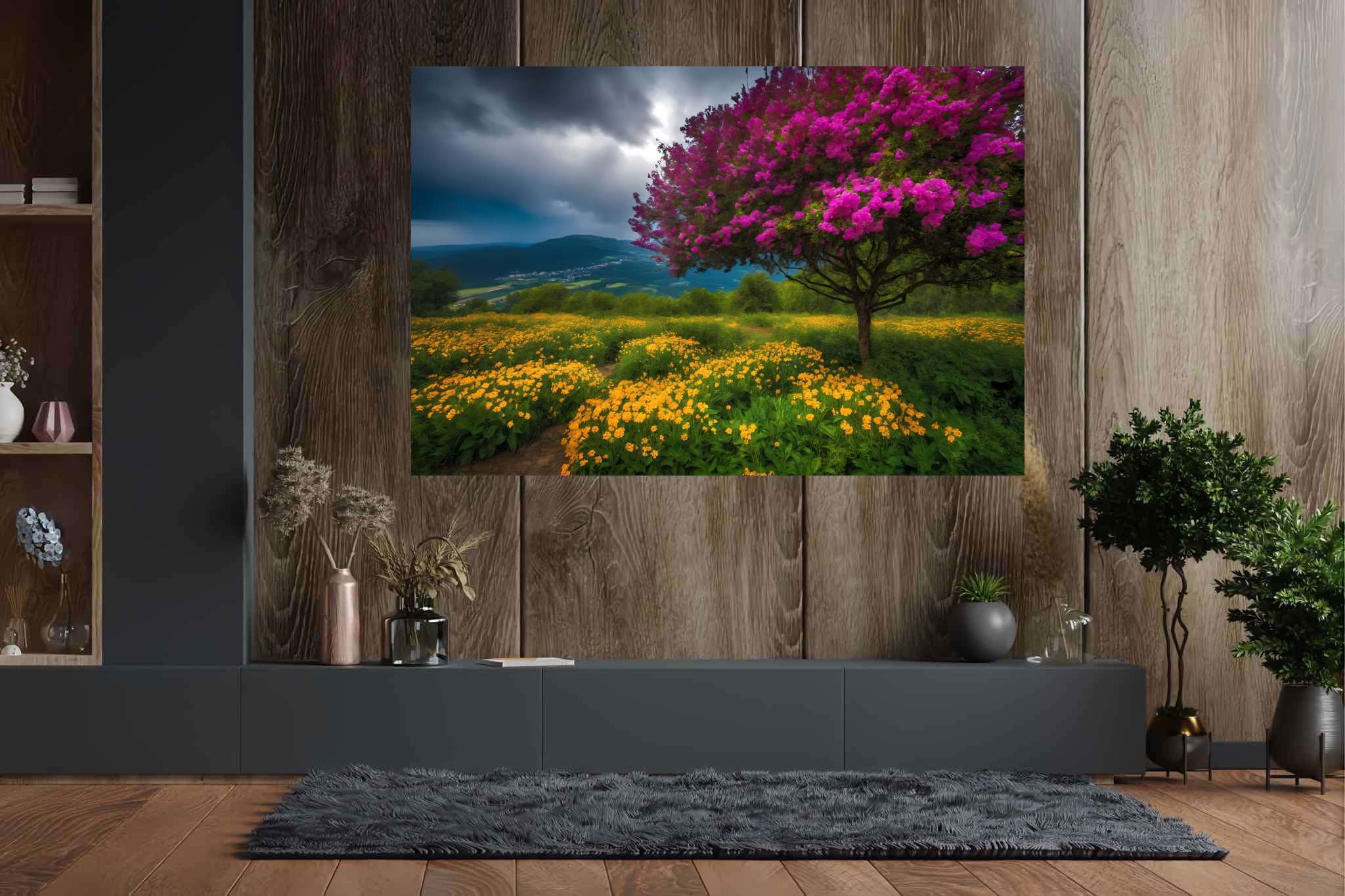 Spectrum of serenity: Lively landscape art with animated landscapes, in a room with great design, framed art, and home styling items. The art can be printed on poster, framed poster, canvas, metal, acrylic or wood, exclusively at WallArtZen. Find this exact print at https://wallartzen.com/waz193