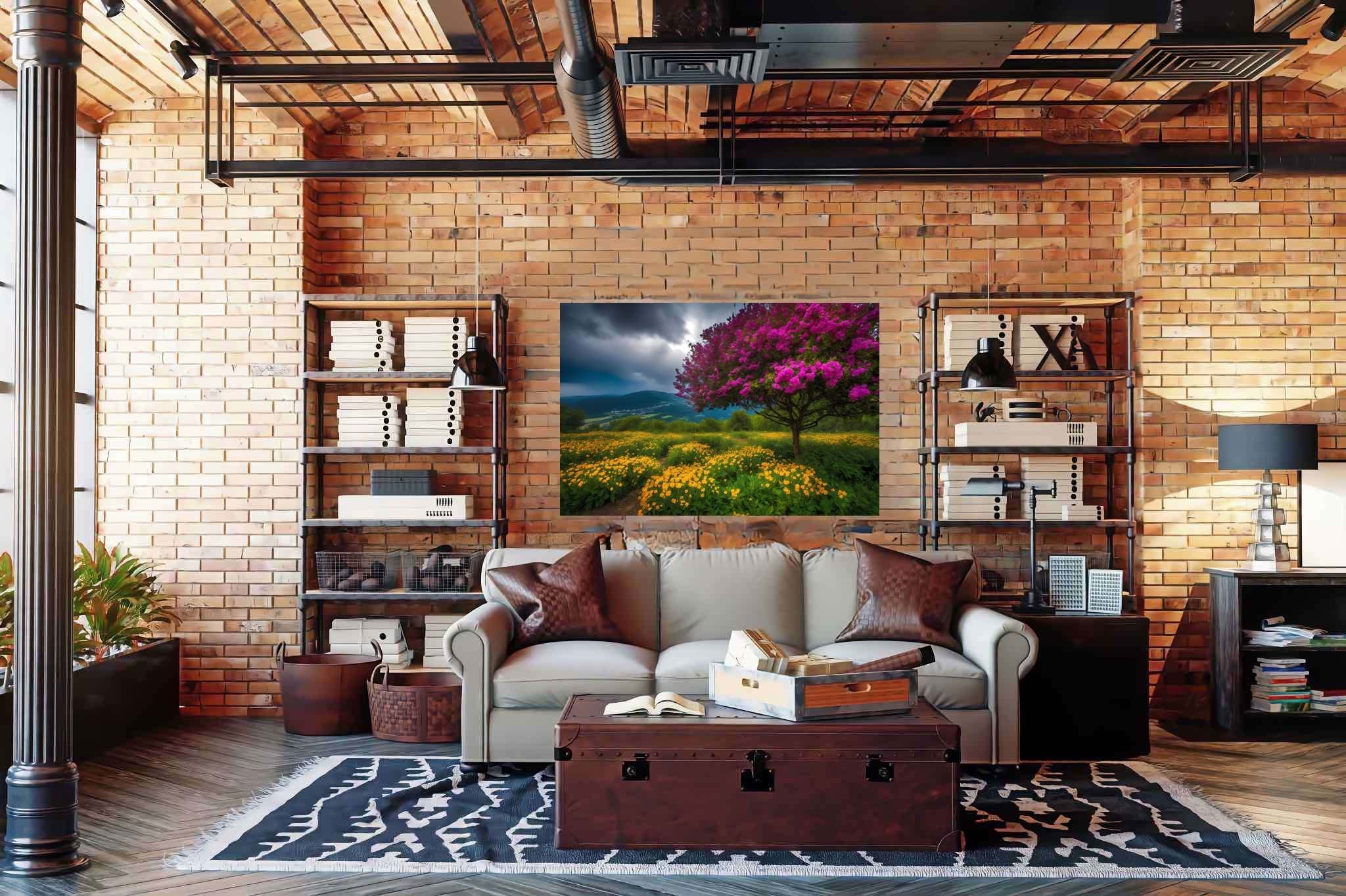 Spectrum of serenity: Lively landscape art with energetic landscapes, in a room with chic decor, wall art, and designer furniture. The art can be printed on poster, framed poster, canvas, metal, acrylic or wood, exclusively at WallArtZen. Find this exact print at https://wallartzen.com/waz193