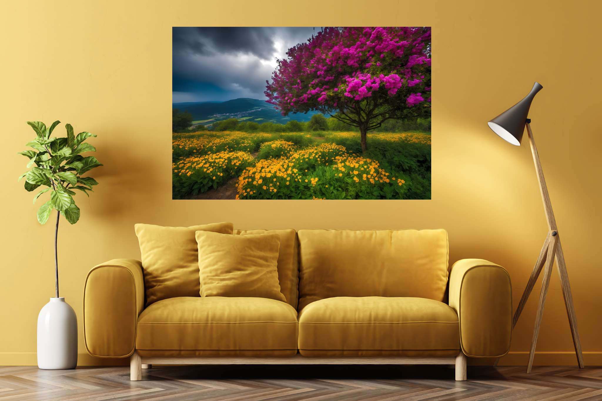 Spectrum of serenity: Lively landscape art with animated scenery, in a room with minimalist approach, wall hangings, and interior decorations. The art can be printed on poster, framed poster, canvas, metal, acrylic or wood, exclusively at WallArtZen. Find this exact print at https://wallartzen.com/waz193