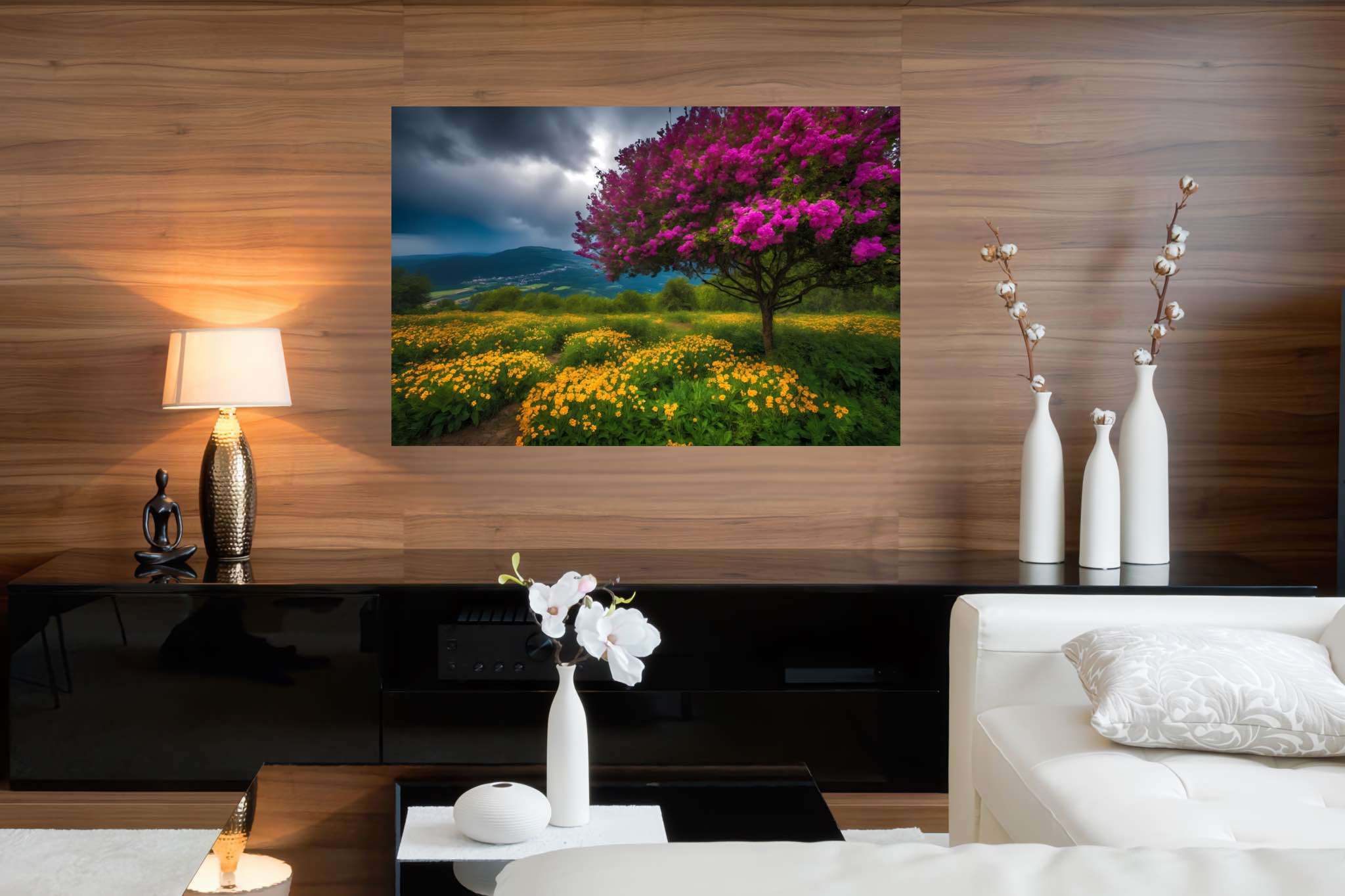 Spectrum of serenity: Lively landscape art with expressive nature art, in a room with contemporary flair, canvas prints, and interior decorations. The art can be printed on poster, framed poster, canvas, metal, acrylic or wood, exclusively at WallArtZen. Find this exact print at https://wallartzen.com/waz193
