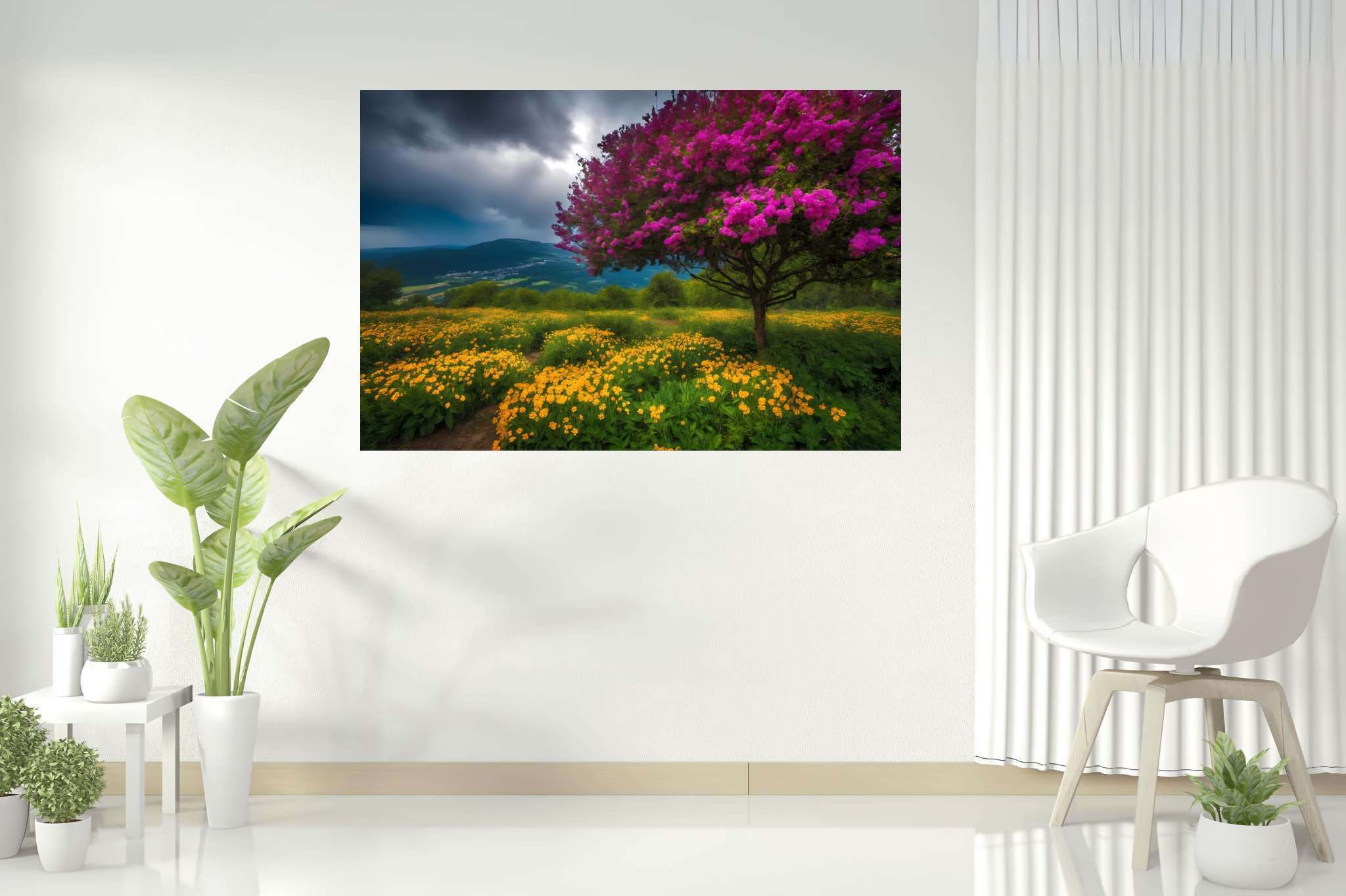 Spectrum of serenity: Lively landscape art with animated scenery, in a room with minimalist approach, wall art, and home furnishings. The art can be printed on poster, framed poster, canvas, metal, acrylic or wood, exclusively at WallArtZen. Find this exact print at https://wallartzen.com/waz193
