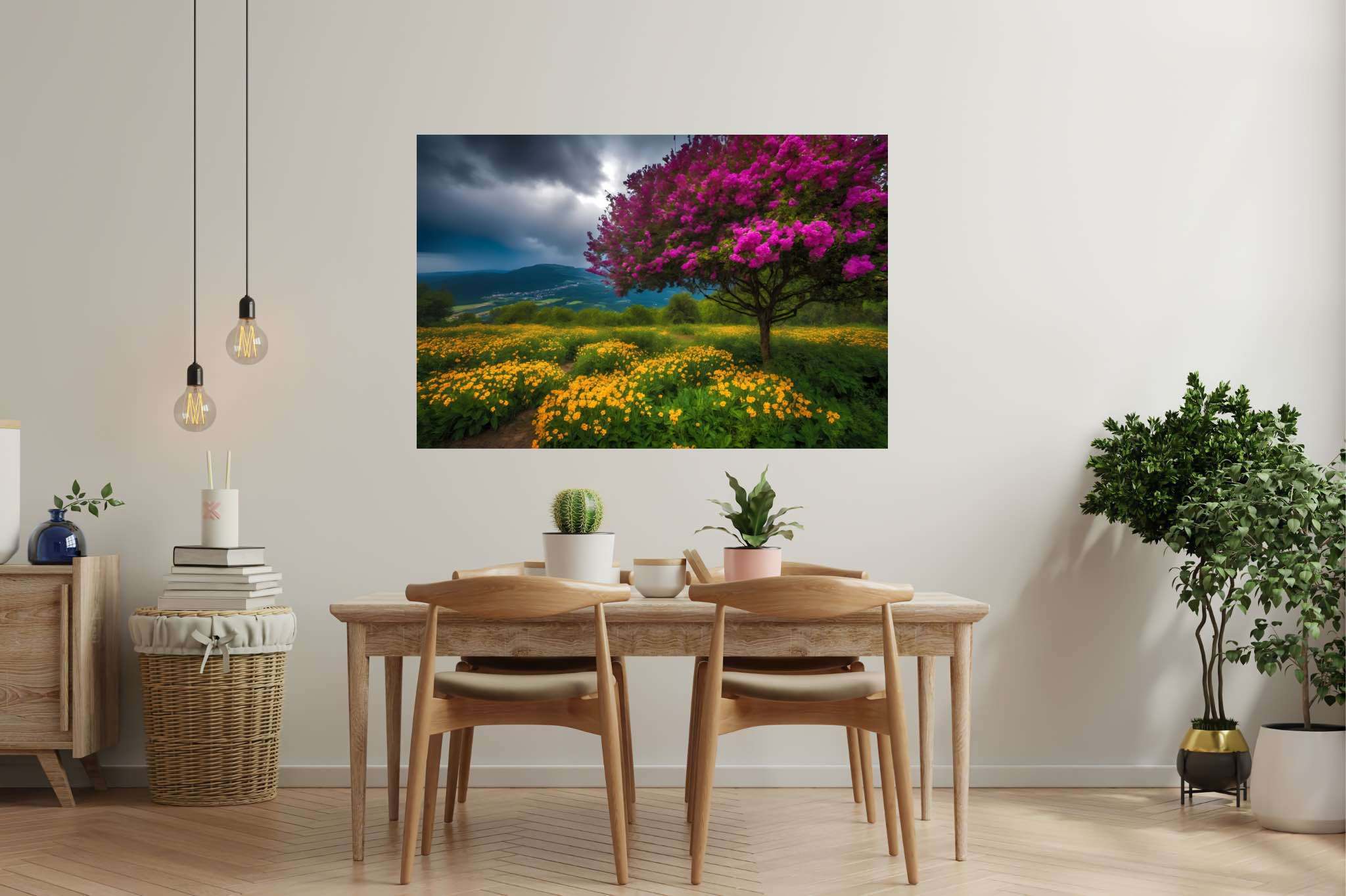 Spectrum of serenity: Lively landscape art with lively landscape art, in a room with innovative layout, wall art, and interior decorations. The art can be printed on poster, framed poster, canvas, metal, acrylic or wood, exclusively at WallArtZen. Find this exact print at https://wallartzen.com/waz193