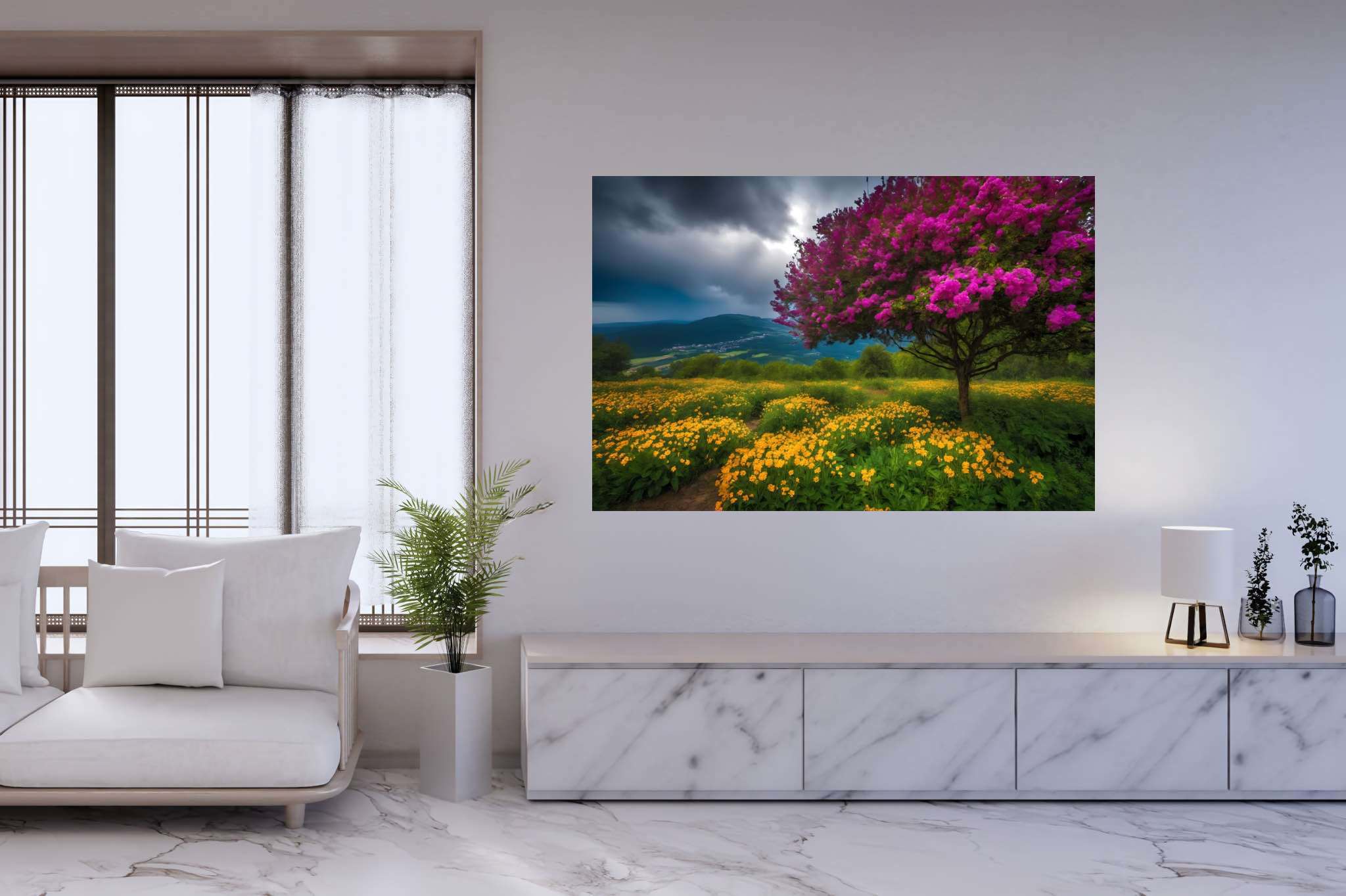 Spectrum of serenity: Lively landscape art with lively landscape art, in a room with great design, photographic wall art, and decorative pieces. The art can be printed on poster, framed poster, canvas, metal, acrylic or wood, exclusively at WallArtZen. Find this exact print at https://wallartzen.com/waz193