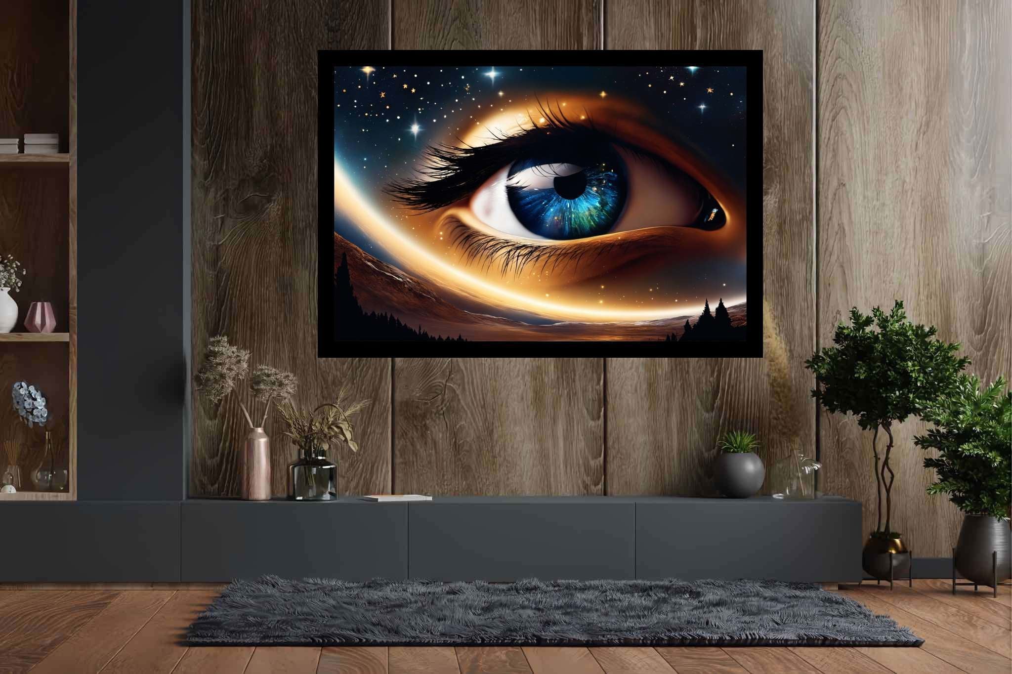 Celestial gaze unveiled: Eye art with surrealism, in a room with artistic style, abstract paintings, and elegant home goods. The art can be printed on poster, framed poster, canvas, metal, acrylic or wood, exclusively at WallArtZen. Find this exact print at https://wallartzen.com/waz194