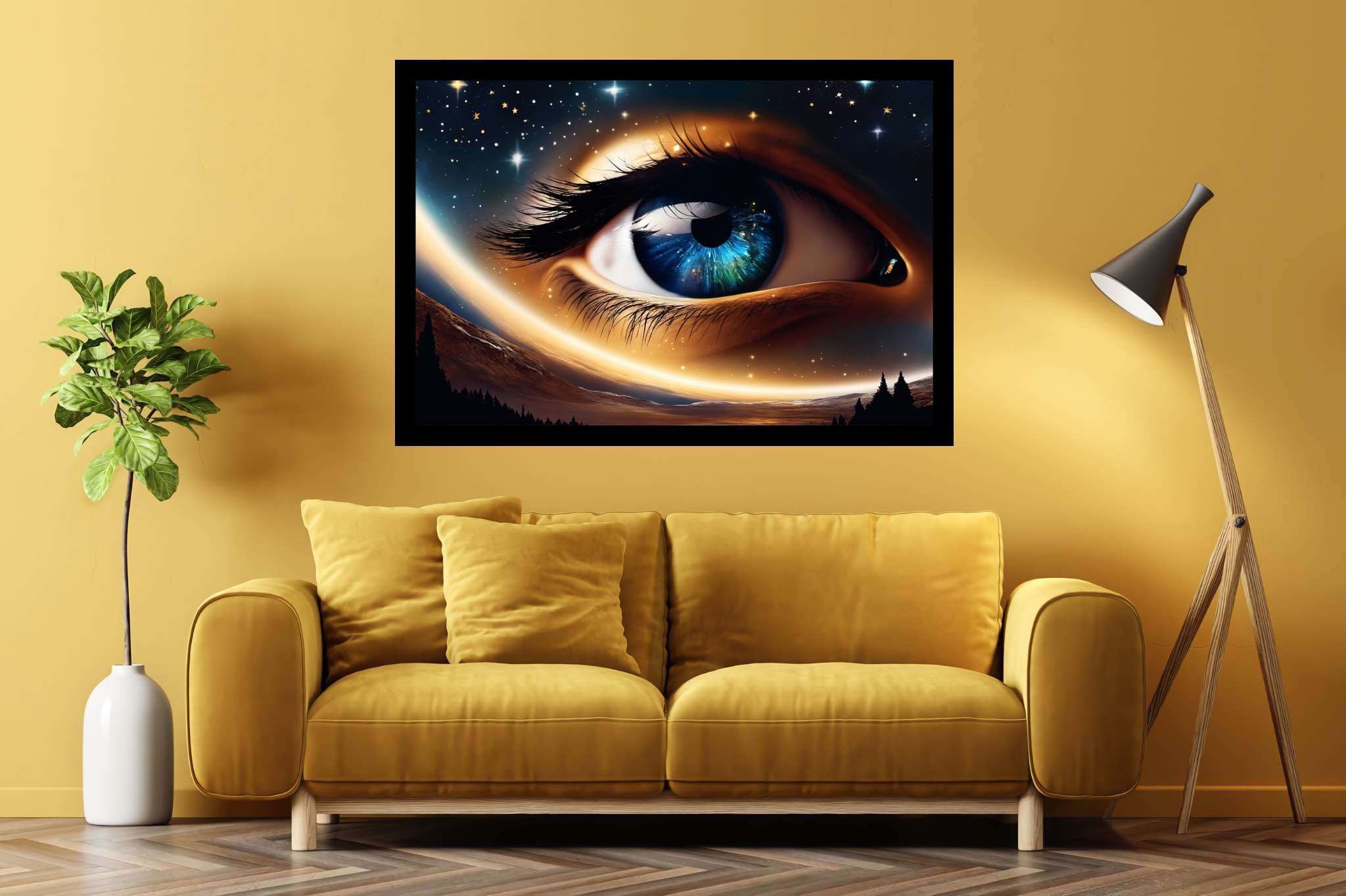 Celestial gaze unveiled: Eye art with aesthetics, in a room with contemporary flair, gallery-quality artwork, and elegant home goods. The art can be printed on poster, framed poster, canvas, metal, acrylic or wood, exclusively at WallArtZen. Find this exact print at https://wallartzen.com/waz194