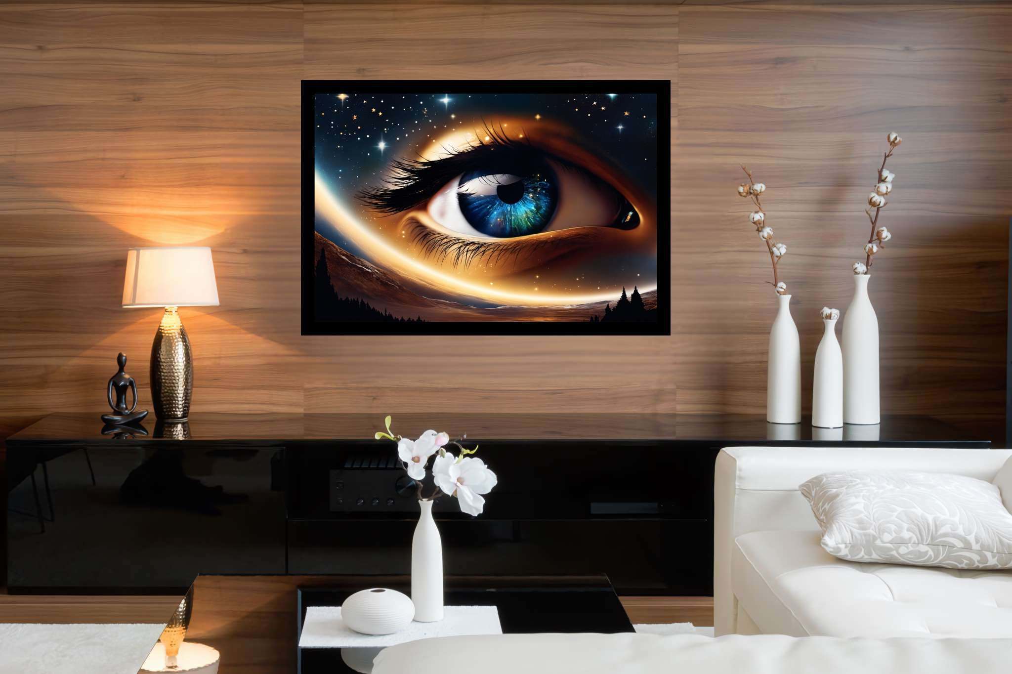 Celestial gaze unveiled: Eye art with creative, in a room with classic elegance, abstract paintings, and home styling items. The art can be printed on poster, framed poster, canvas, metal, acrylic or wood, exclusively at WallArtZen. Find this exact print at https://wallartzen.com/waz194
