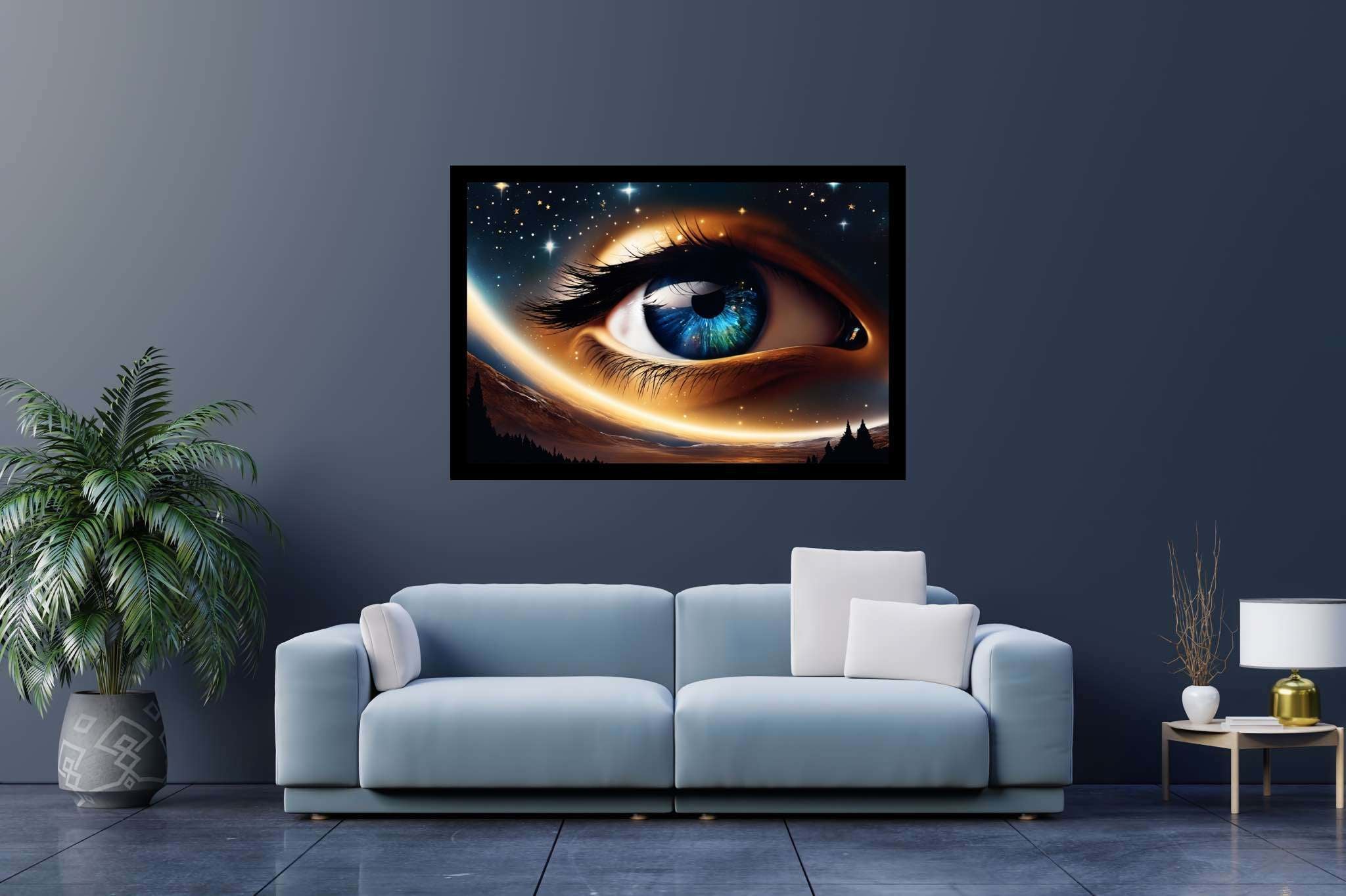 Celestial gaze unveiled: Eye art with symbolic, in a room with classic elegance, wall hangings, and interior decorations. The art can be printed on poster, framed poster, canvas, metal, acrylic or wood, exclusively at WallArtZen. Find this exact print at https://wallartzen.com/waz194